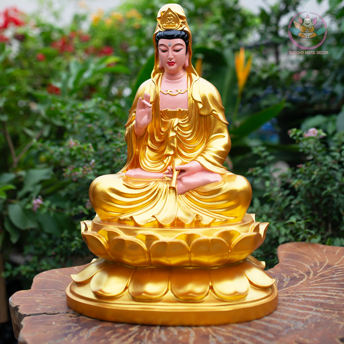 Golden Quan Yin Statue – Large Guanyin Goddess of Mercy on Lotus, Buddhist Altar & Meditation Room Decor (17.7”H x 12.2”W x 9.4”D)