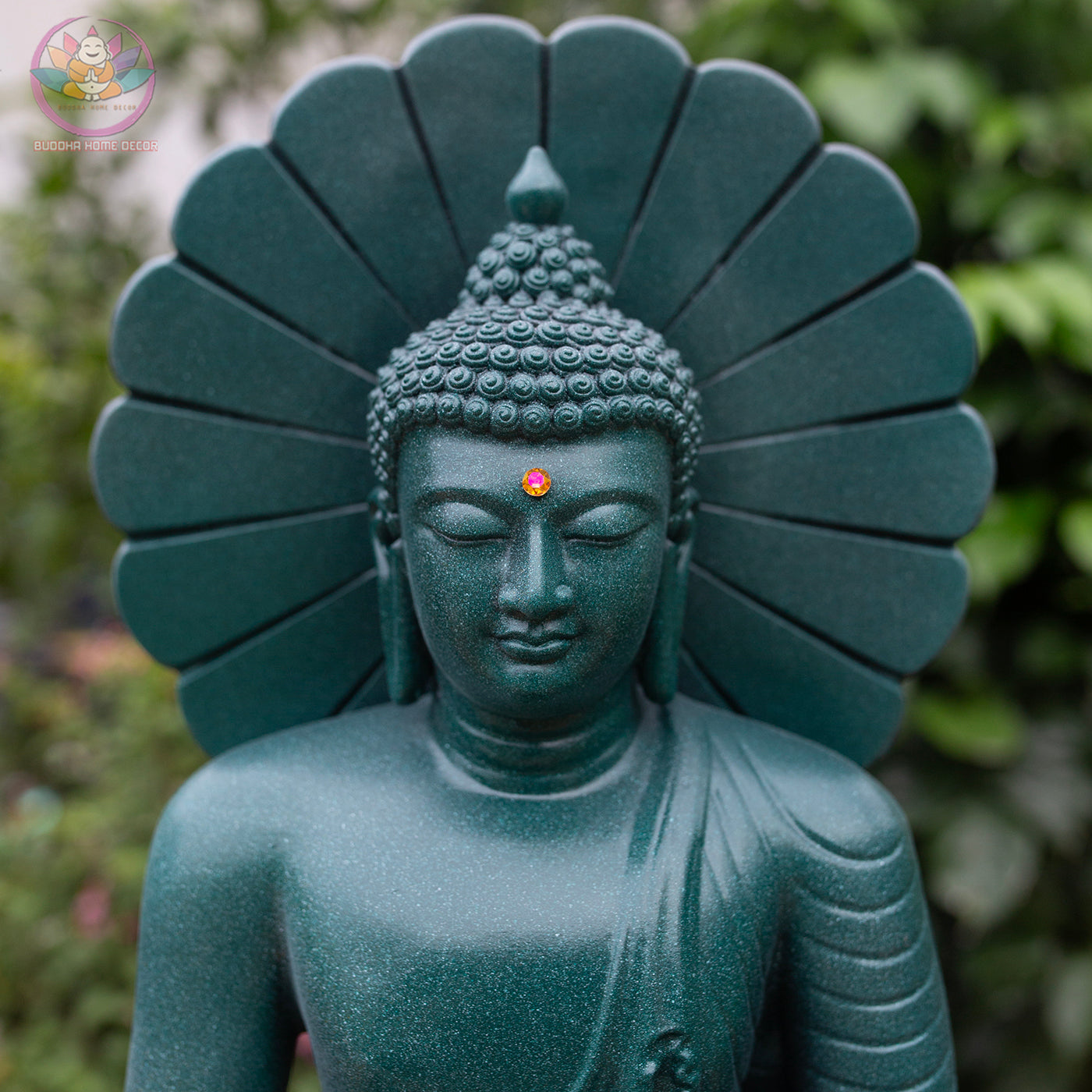 Thai Buddha Statue 15.3" – Composite Seated Buddha with Lotus Bowl and Halo, Antique Green Finish Meditation Sculpture