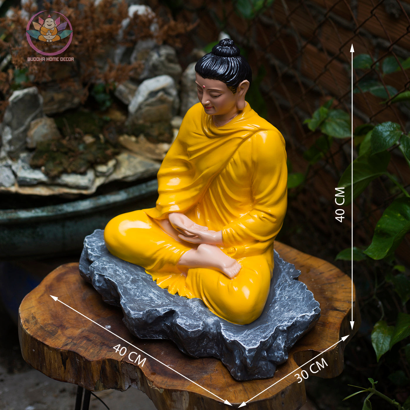 Shakyamuni Buddha Statue – 15.7" (40cm) in Burgundy Robe on Stone Base | Resin Meditation Sculpture | Handcrafted Vietnamese Decor