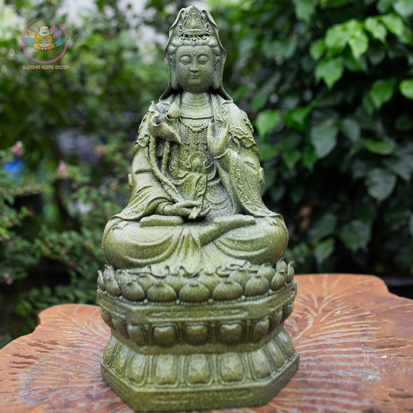 Guanyin Bodhisattva Statue 15.7" – Antique Green Stone Resin Kwan Yin Sculpture, Goddess of Mercy Figurine, Zen Buddhist Altar Decor Gift
