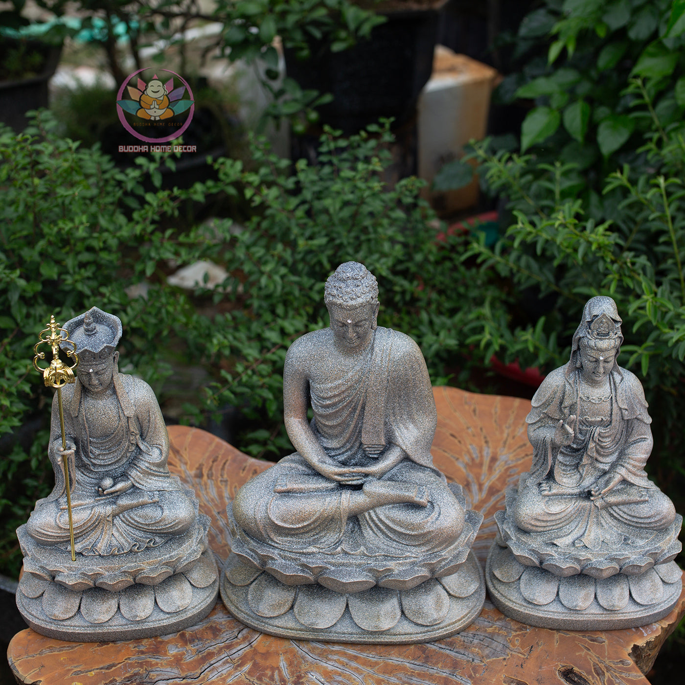 Buddha Trio Statue Set – Shakyamuni (32 cm), Ksitigarbha & Guanyin (30 cm) – Antique Stone Finish