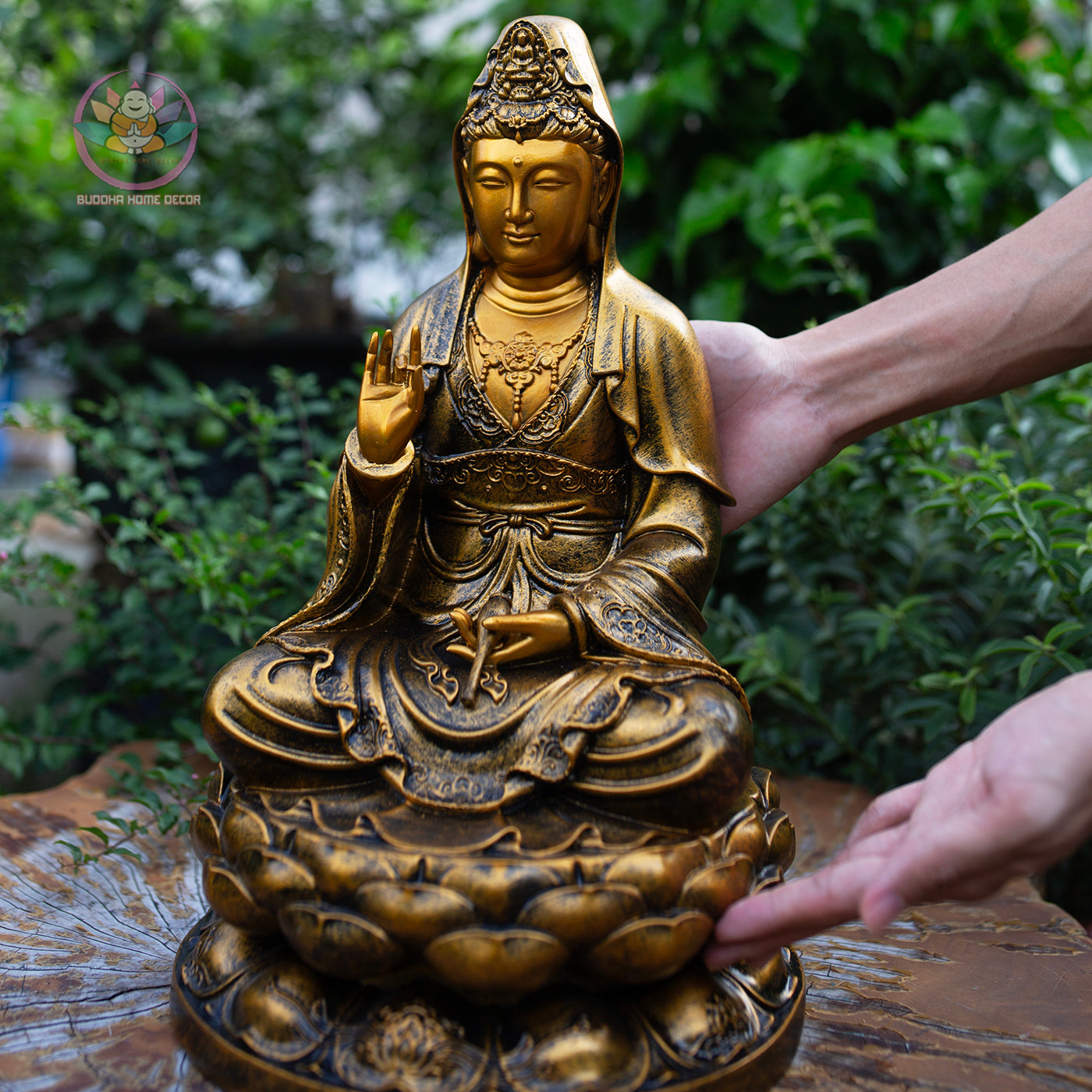 Buddha Statue Set – Shakyamuni 50 cm, Ksitigarbha and Quan Yin 40 cm | Composite Resin and Stone Powder | Golden Finish Buddhist Altar Decor
