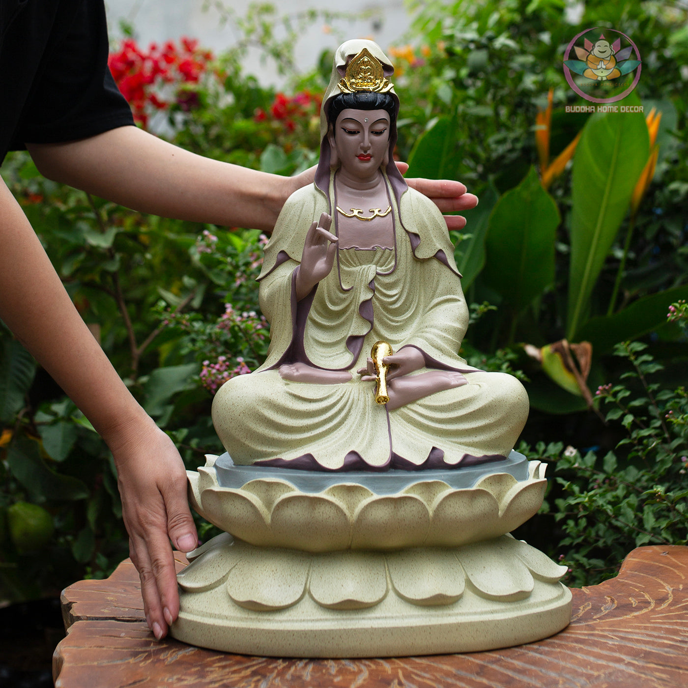 Large Quan Yin Statue on Lotus – Buddhist Goddess of Mercy, Guanyin Figurine for Home Altar & Meditation Decor (17.7”H x 12.2”W x 9.4”D)