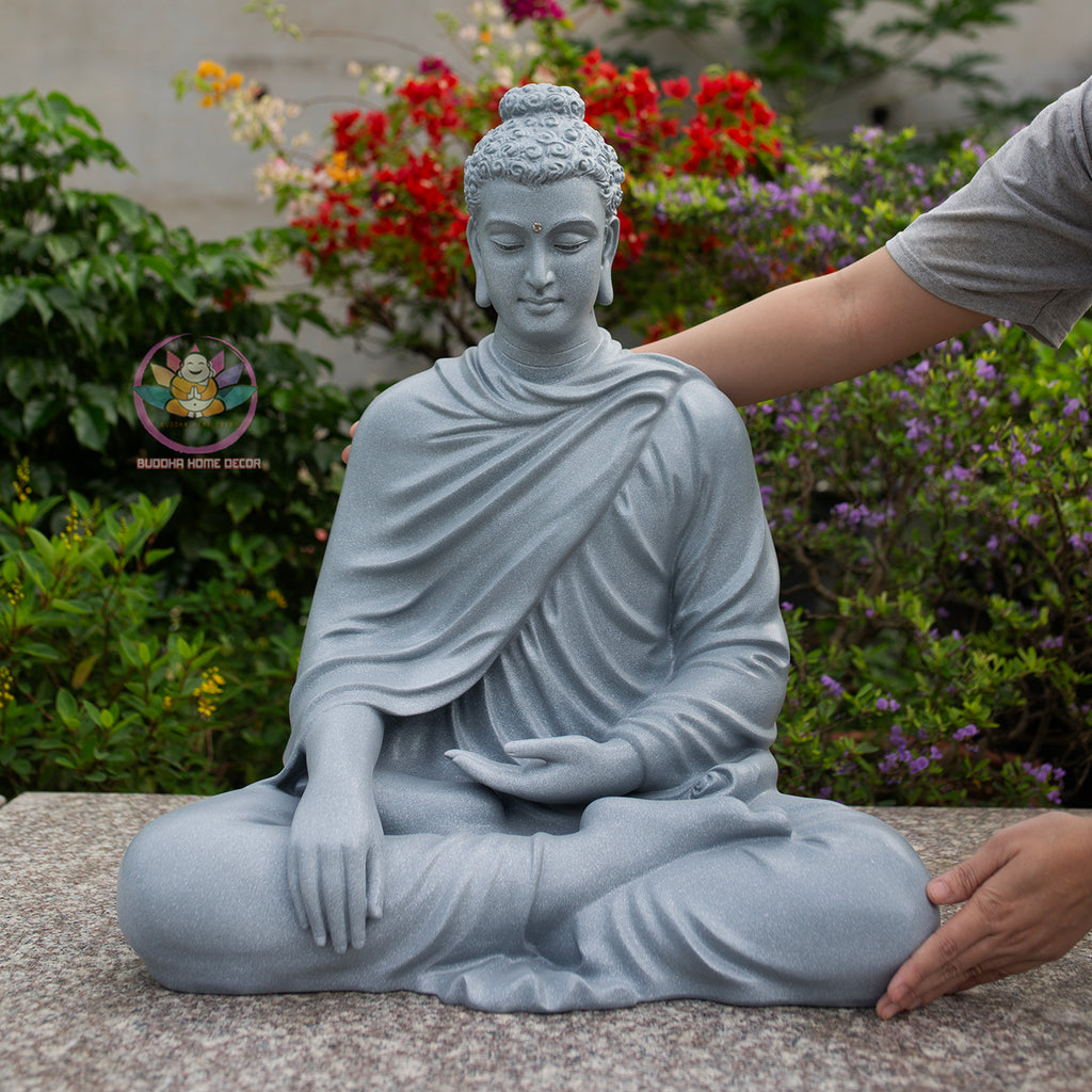 Shakyamuni Buddha Statue 23.6" | Composite Resin and Stone Powder | Gray Stone Finish
