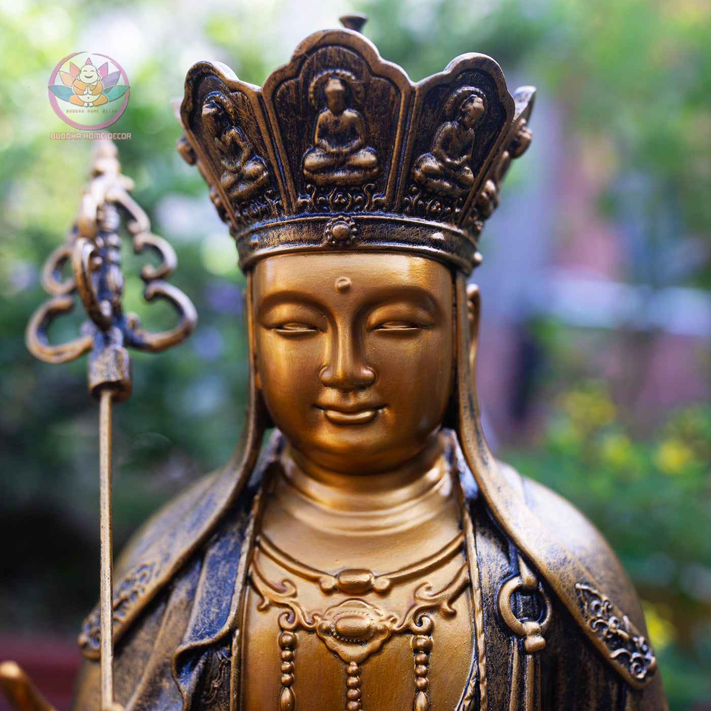 Buddha Statue Set – Shakyamuni 50 cm, Ksitigarbha and Quan Yin 40 cm | Composite Resin and Stone Powder | Golden Finish Buddhist Altar Decor