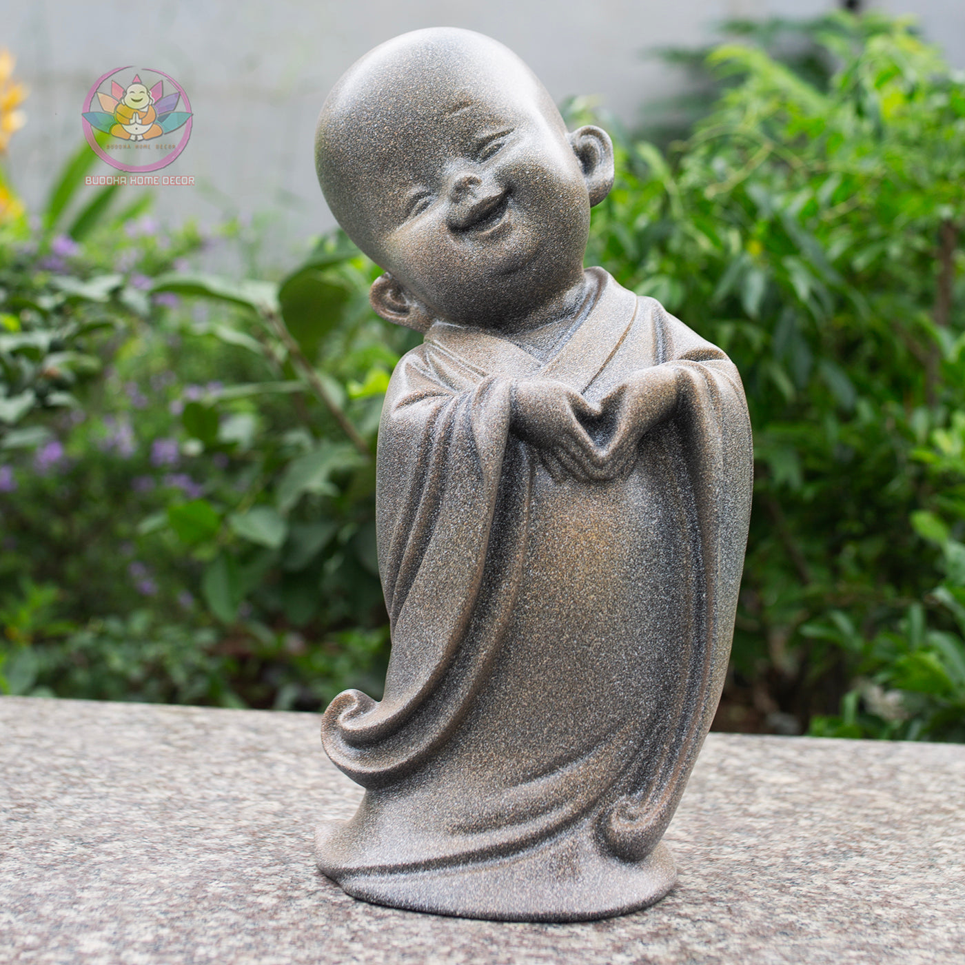 Happy Little Monk Statue Set 15.7" | Composite Resin and Stone Powder | Antique Stone Finish | Zen Monk Figurines for Home and Garden Decor
