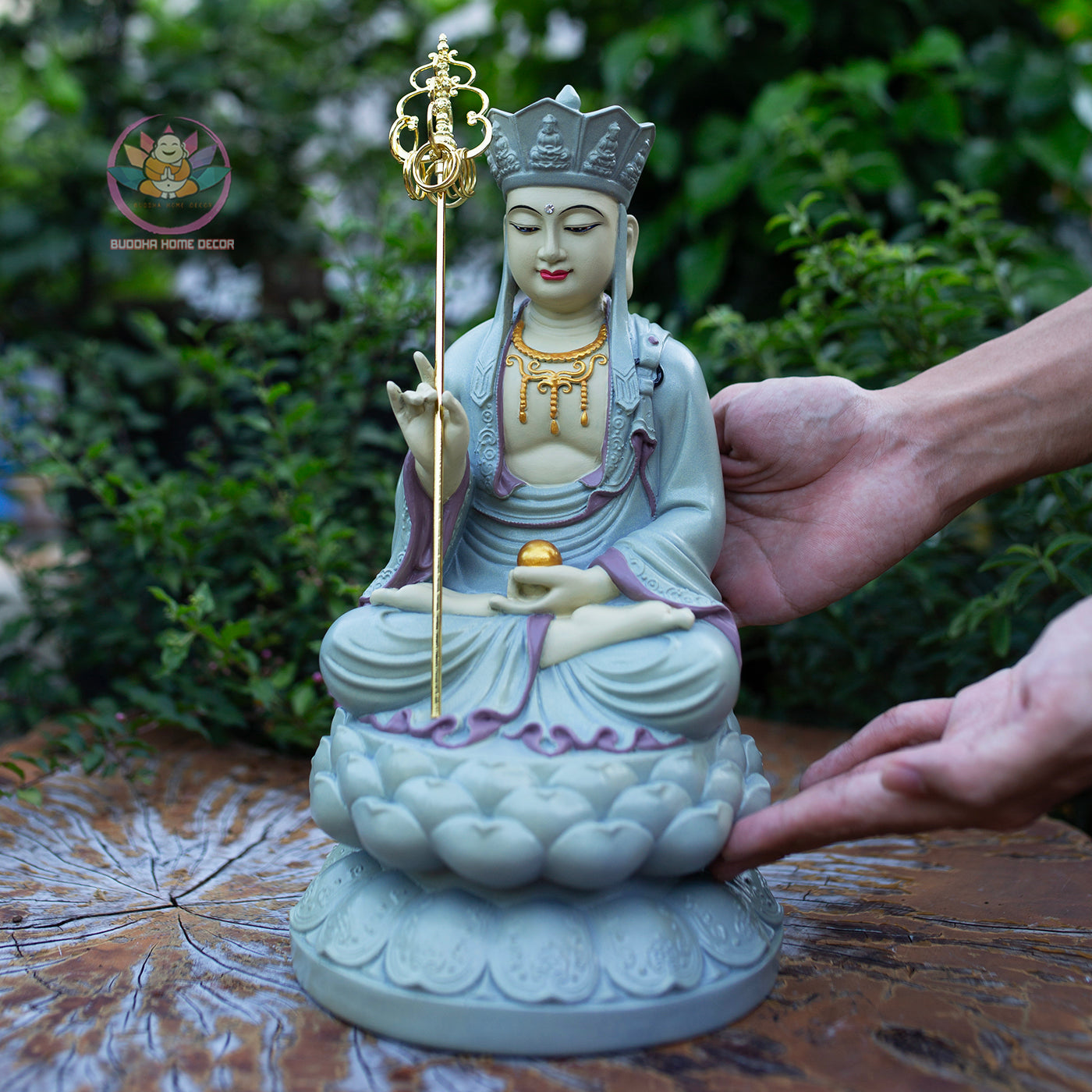 Ksitigarbha Bodhisattva Statue 11.8" | Pastel Grey Finish with Gold Details | Buddhist Altar and Meditation Decor