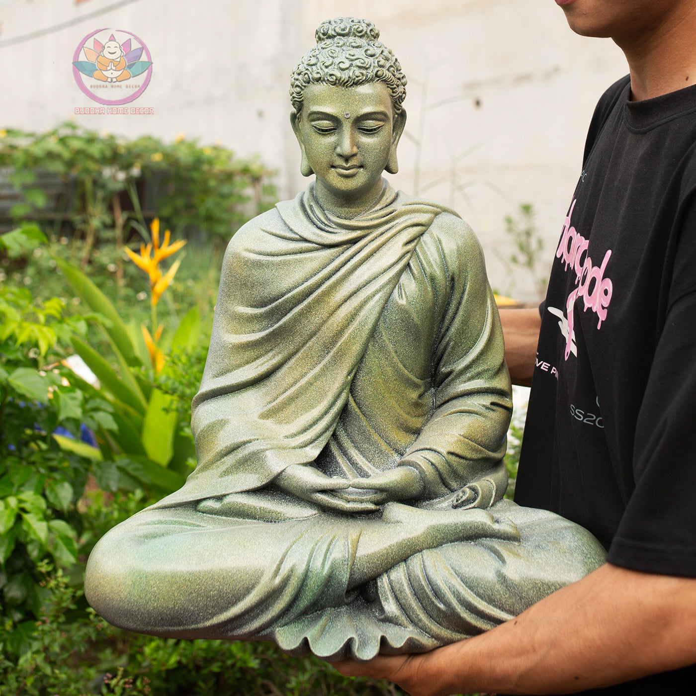 Shakyamuni Buddha Statue 20.5" | Composite Resin and Stone Powder | Green Stone Finish | Seated Meditation Buddha for Home and Garden Decor