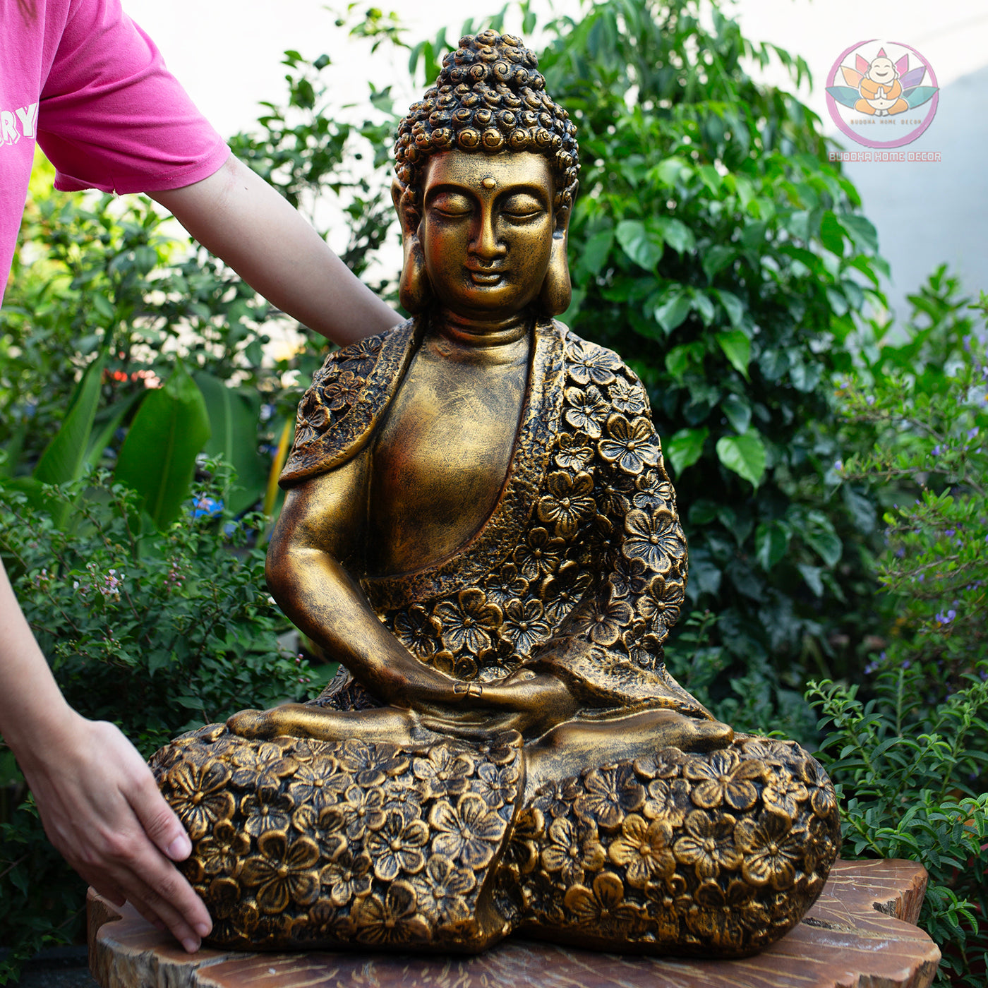 Gold Floral Buddha Statue – 27.6" & 16.9" Resin Meditating Buddha Figurine – Zen Home Altar, Garden, Spiritual Decor Gift