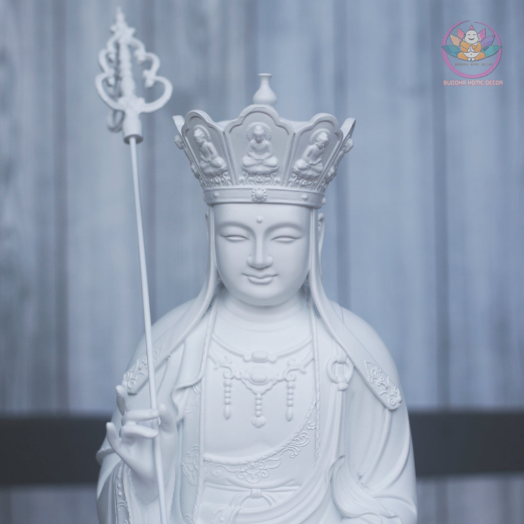 White Ksitigarbha Statue – 15.7" Resin Jizo Bodhisattva Figurine – Zen Home Altar, Meditation Room, Asian Spiritual Decor Gift