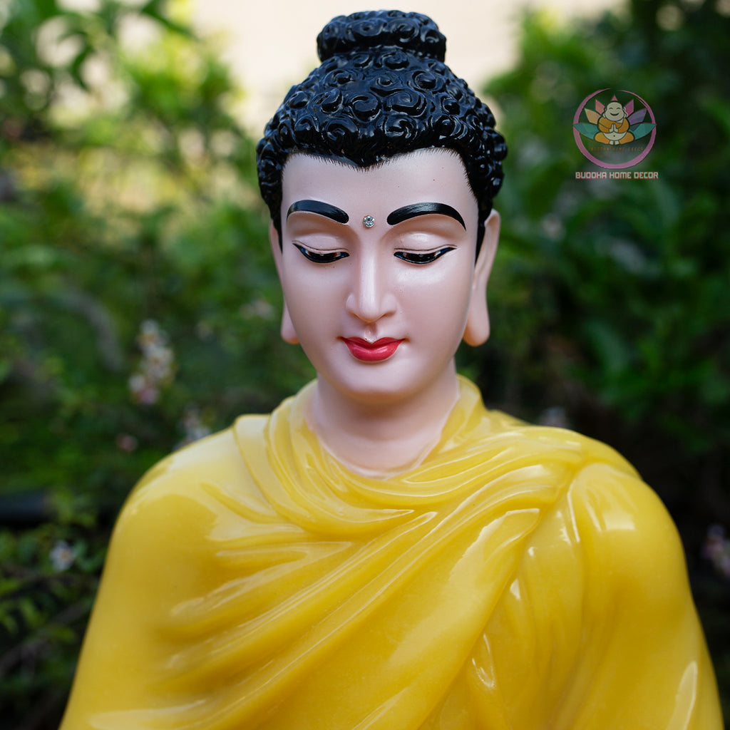 Shakyamuni Buddha Statue on 2-Layer Lotus Base – 50cm | Yellow Quartz Finish | Meditation Buddha | Spiritual Home Decor