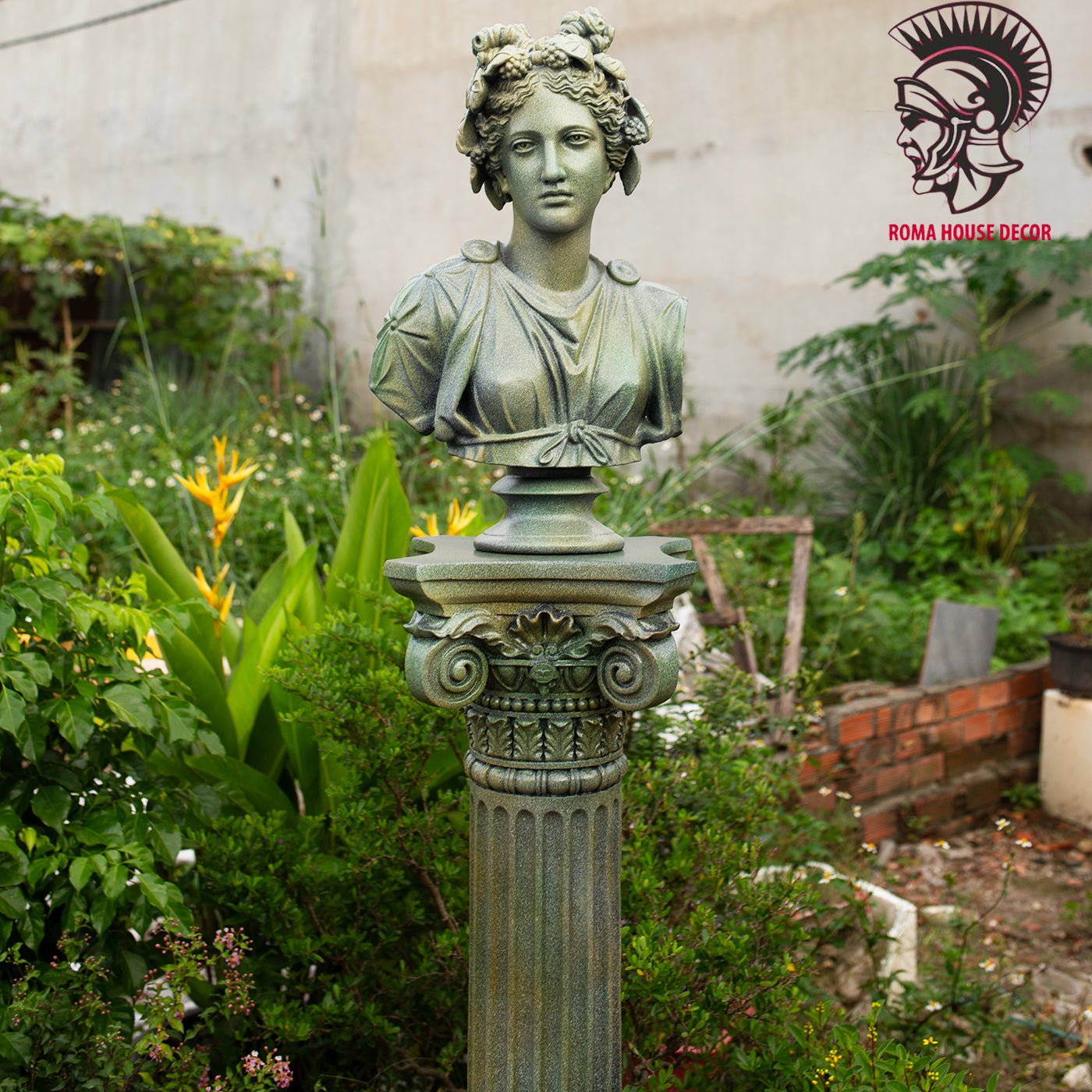 Greek Goddess Artemis Bust with Corinthian Column – Classic Roman Style Sculpture Set, Green Stone Finish (20.8" & 30.7")