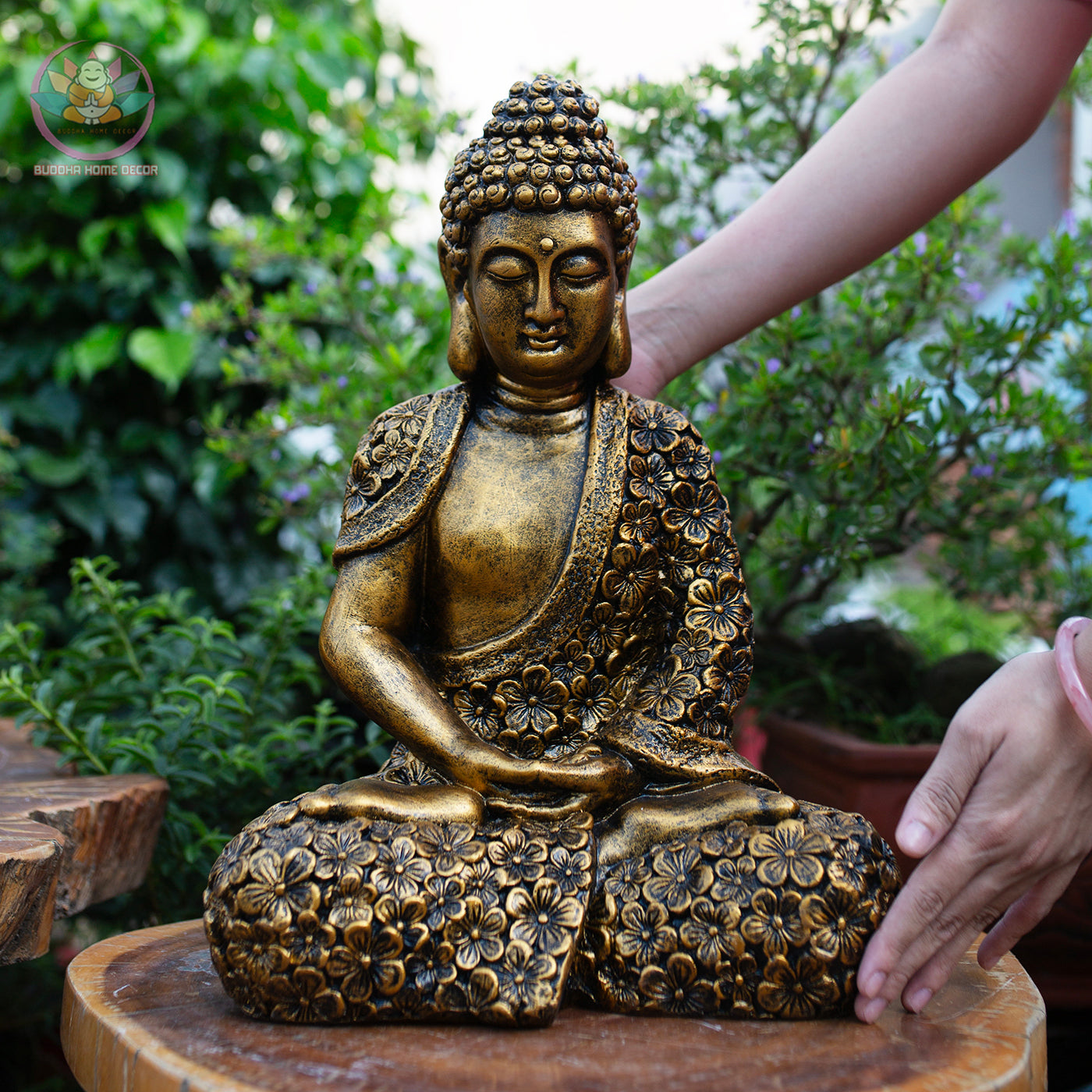 Gold Floral Buddha Statue – 27.6" & 16.9" Resin Meditating Buddha Figurine – Zen Home Altar, Garden, Spiritual Decor Gift