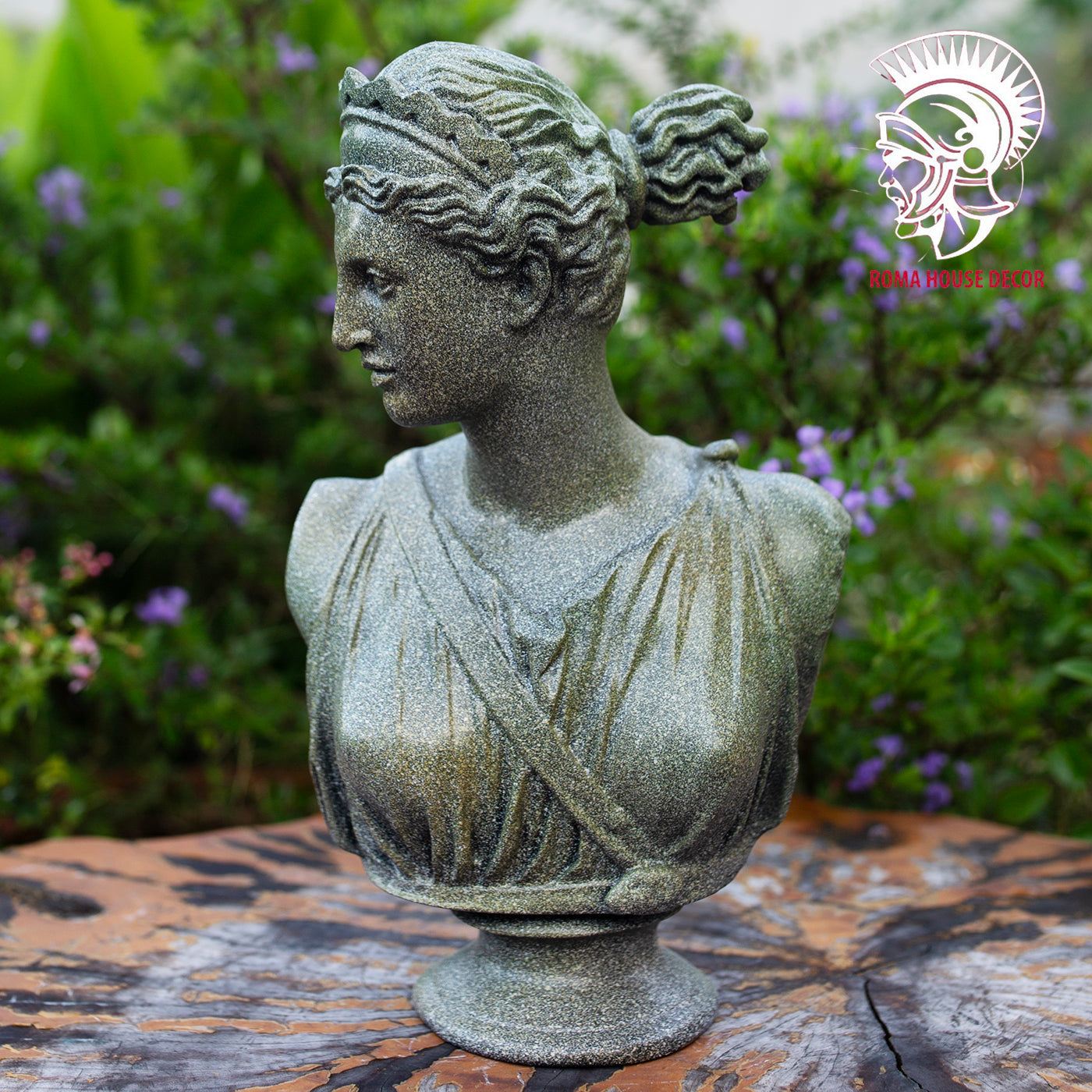 Greek Goddess Artemis Bust with Column Pedestal – Classic Green Stone Finish Sculpture Set (11.8" & 13")