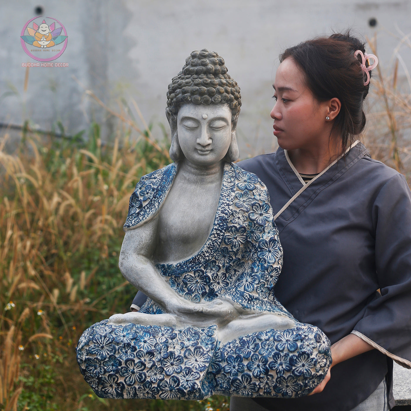 Floral Blue Buddha Statue – 17" & 27.5" | Handcrafted Resin Shakyamuni | Meditation Sculpture with Lotus Motif from Vietnam