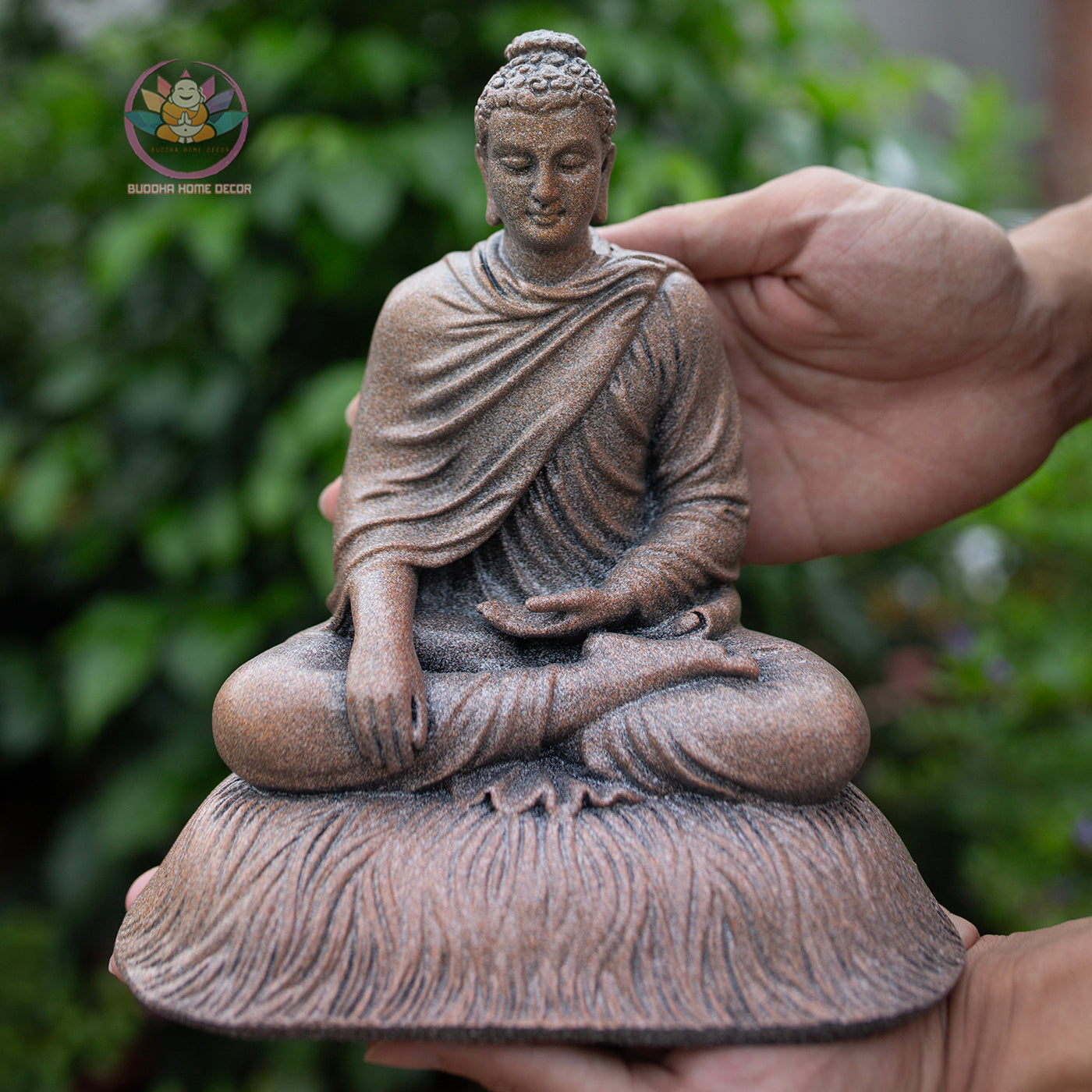 Shakyamuni Buddha Statue 8.7" – Antique Stone Finish Buddha with Halo Backdrop
