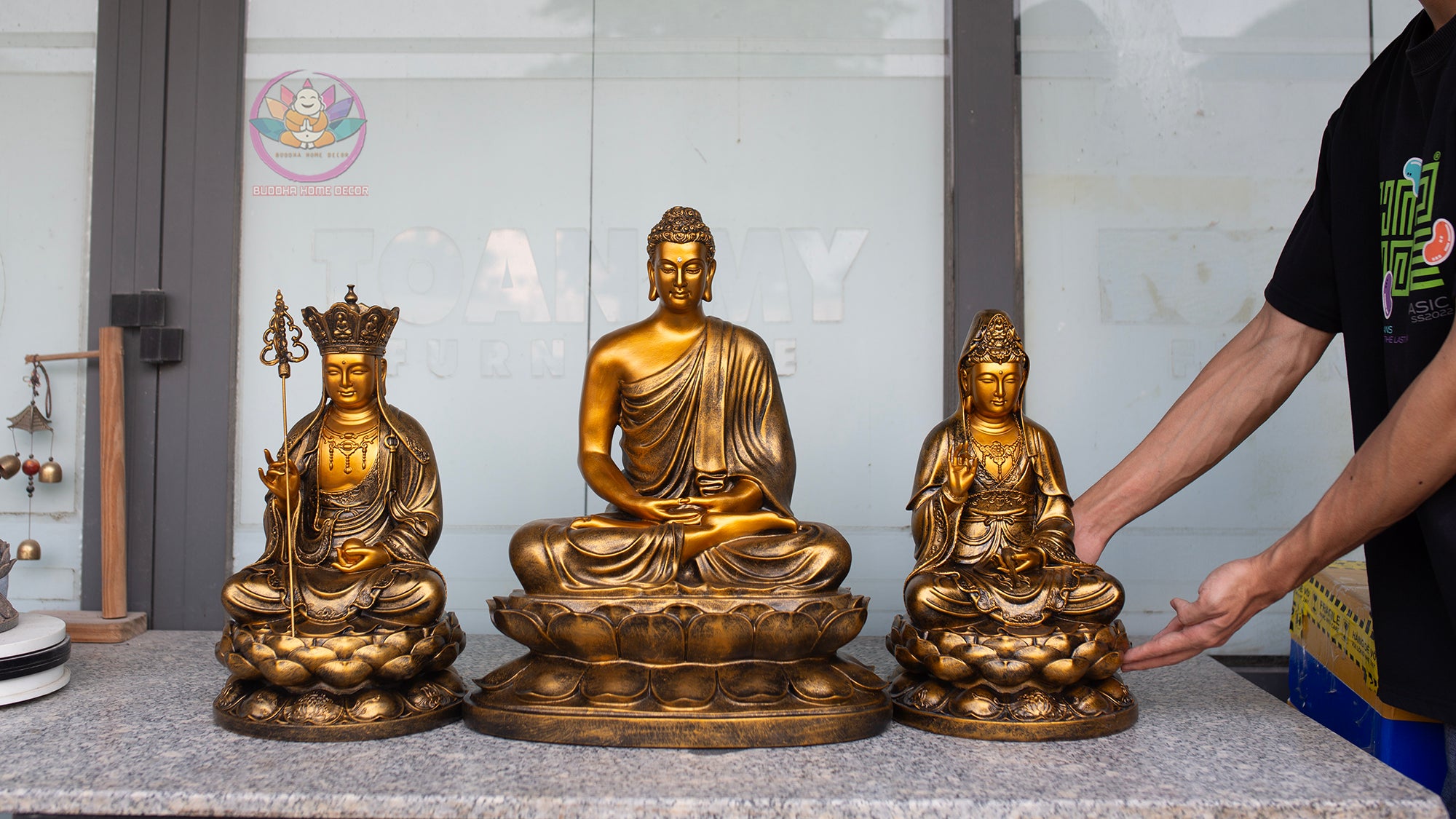 Buddha Statue Set – Shakyamuni 50 cm, Ksitigarbha and Quan Yin 40 cm | Composite Resin and Stone Powder | Golden Finish Buddhist Altar Decor