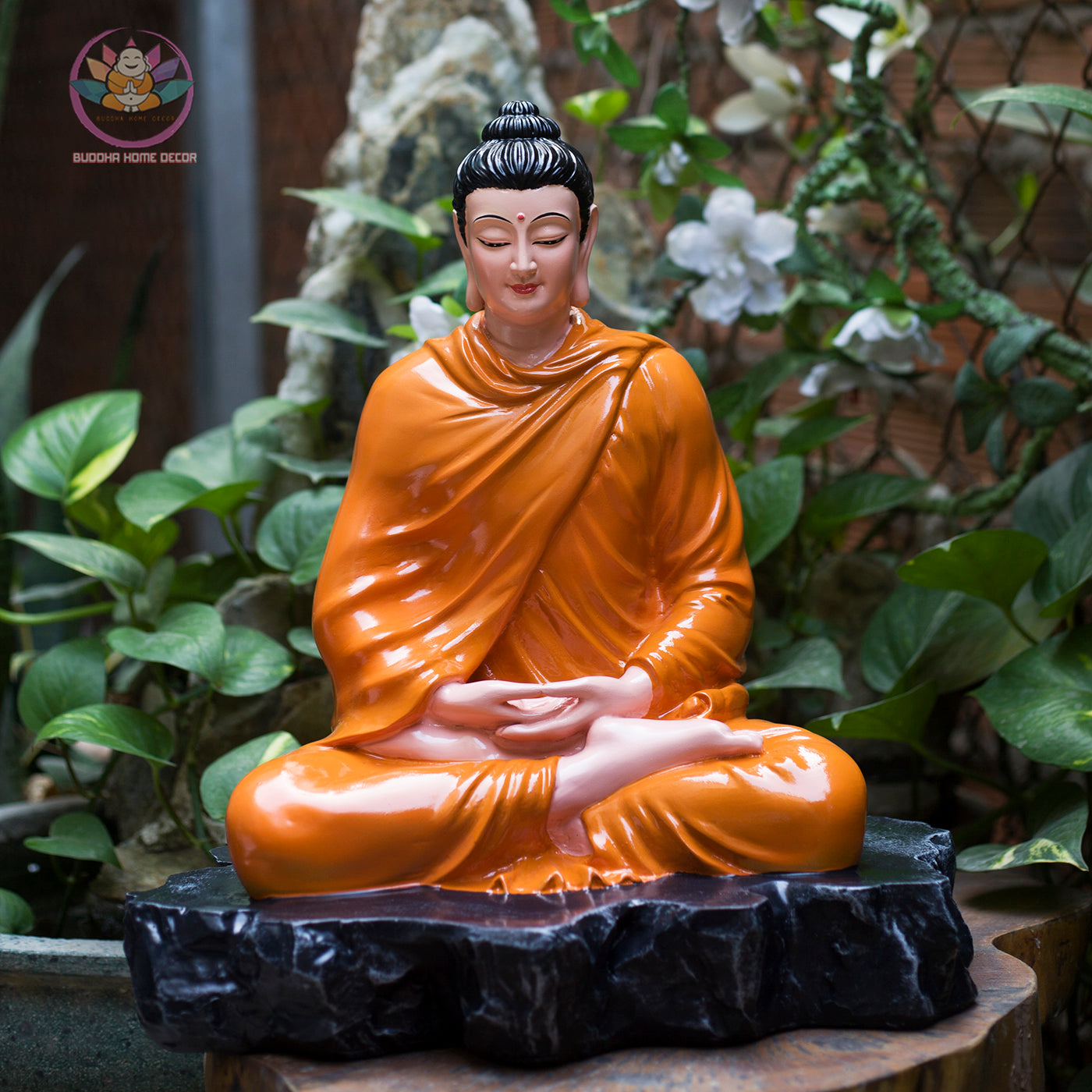 Shakyamuni Buddha Statue – 15.7" (40cm) in Burgundy Robe on Stone Base | Resin Meditation Sculpture | Handcrafted Vietnamese Decor