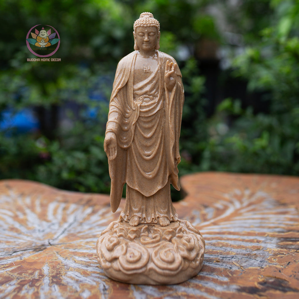 Amitabha Buddha Statue – 9" Standing Buddha on Lotus Base | Resin Stone Finish