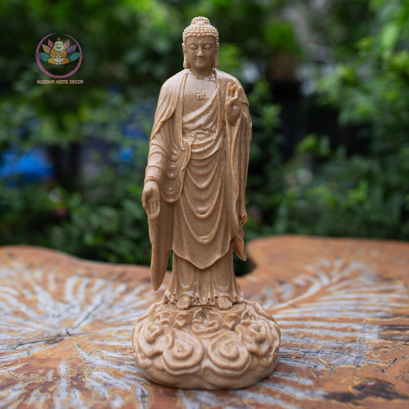 Amitabha Buddha Statue – 9" Standing Buddha on Lotus Base | Resin Stone Finish
