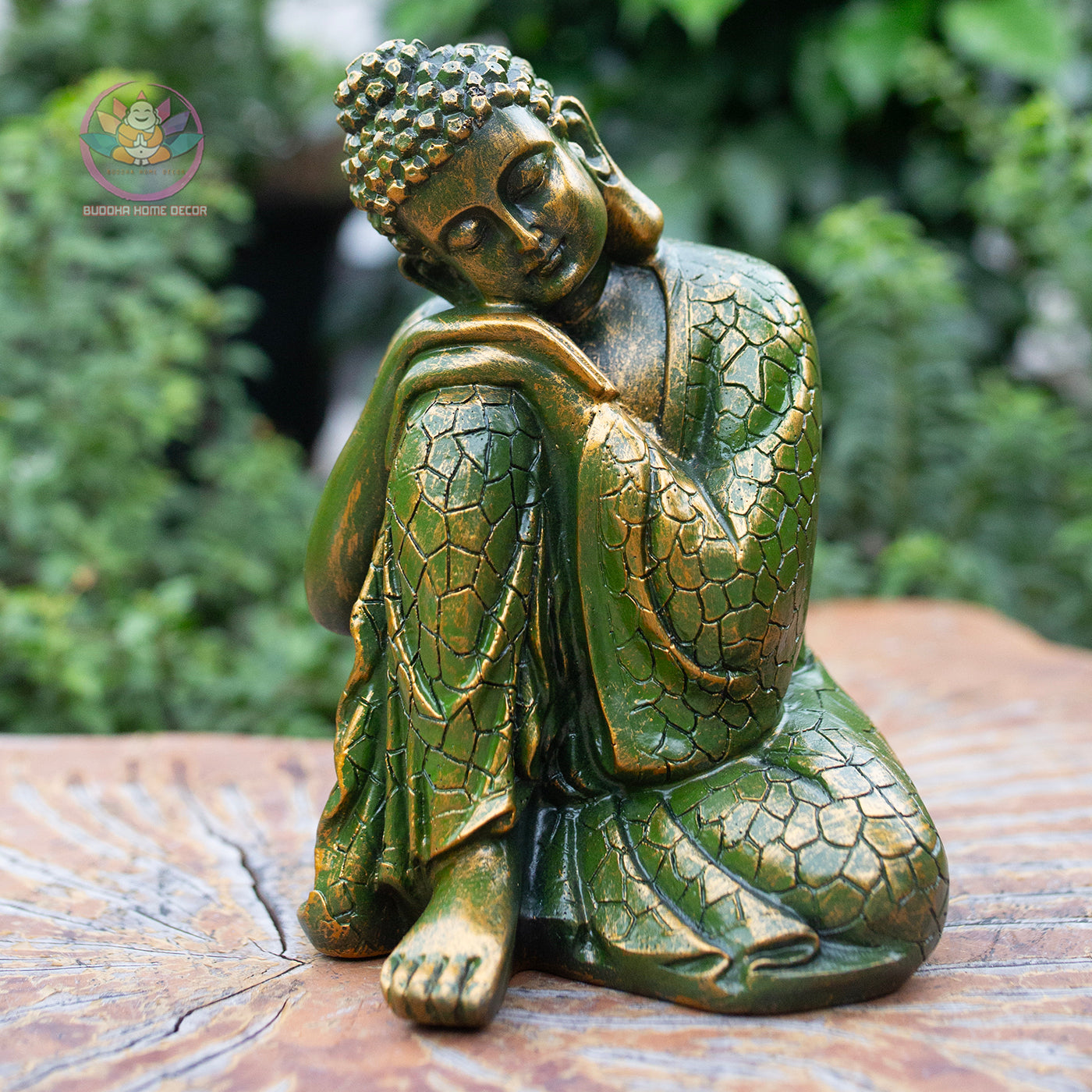 Resting Buddha Statue 7.9" – Green Gold Finish Peaceful Sleeping Buddha Figurine