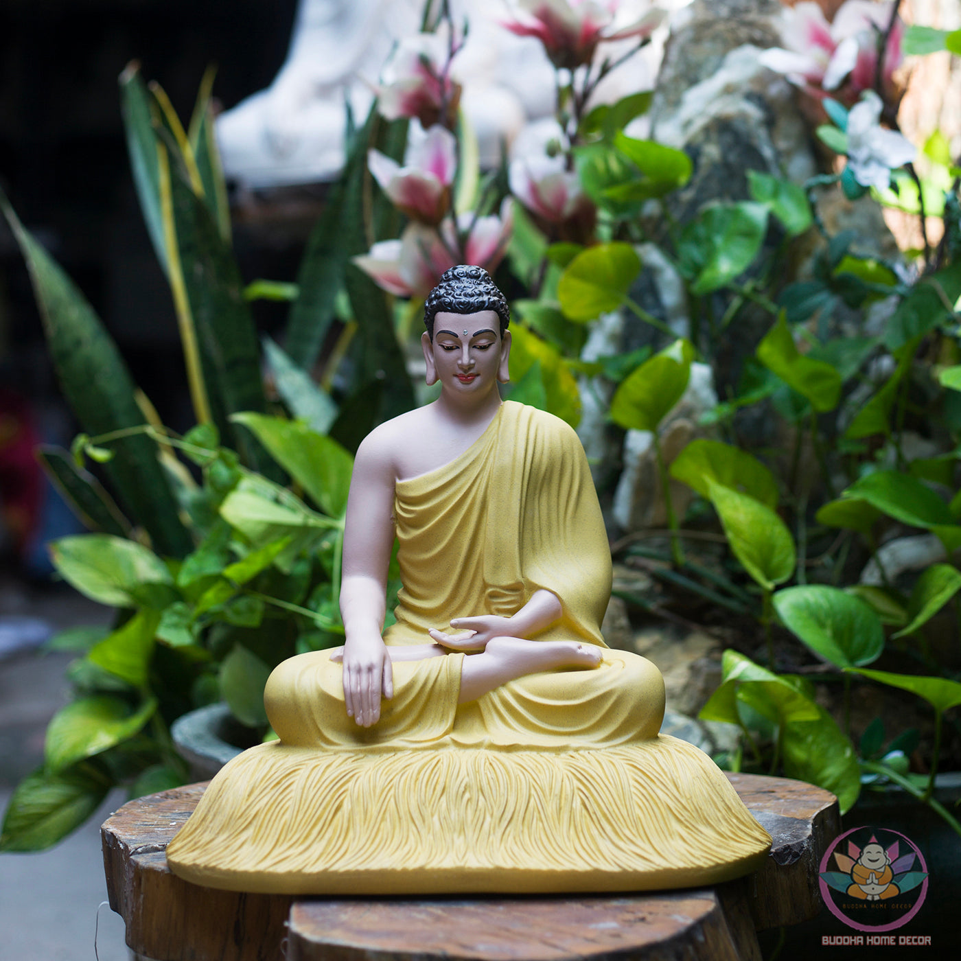 Yellow Robe Shakyamuni Buddha Statue – 11.8" Resin Sculpture on Lotus Base | Serene Meditation Decor & Spiritual Gift