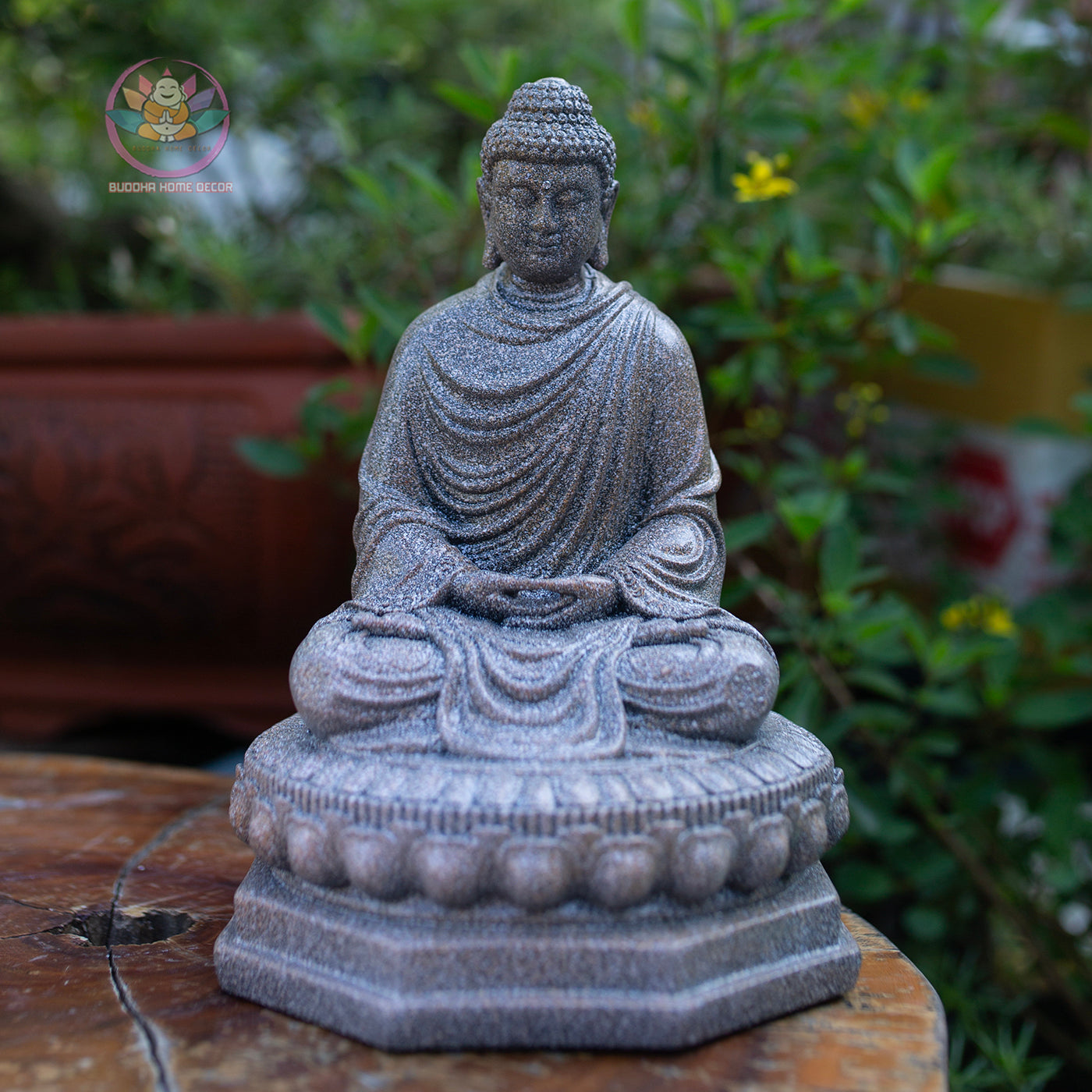Shakyamuni Buddha Statue | Composite Resin and Stone Powder | Granite Stone Finish | Seated Meditation Buddha on Lotus Pedestal
