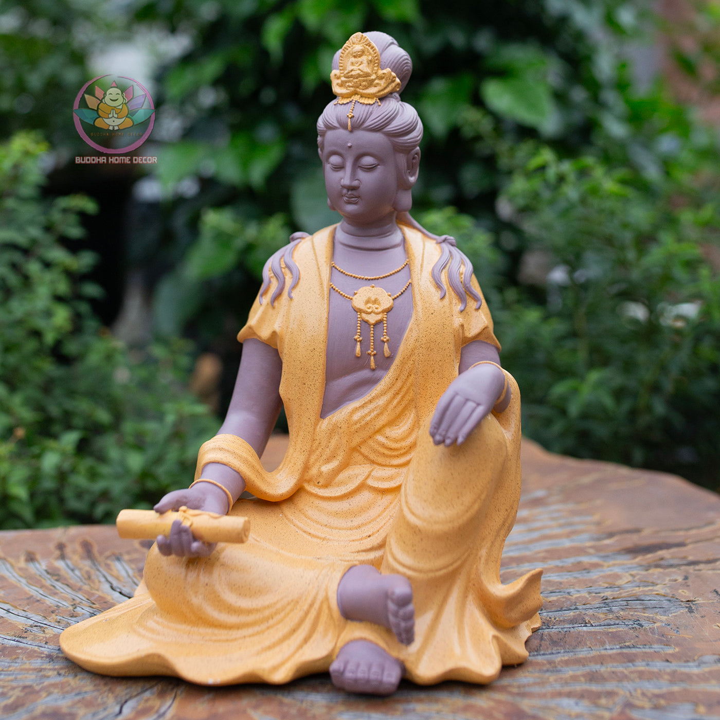 Guanyin Bodhisattva Statue 9.8" – Resin & Stone Powder Seated Kwan Yin in Golden Jade Finish