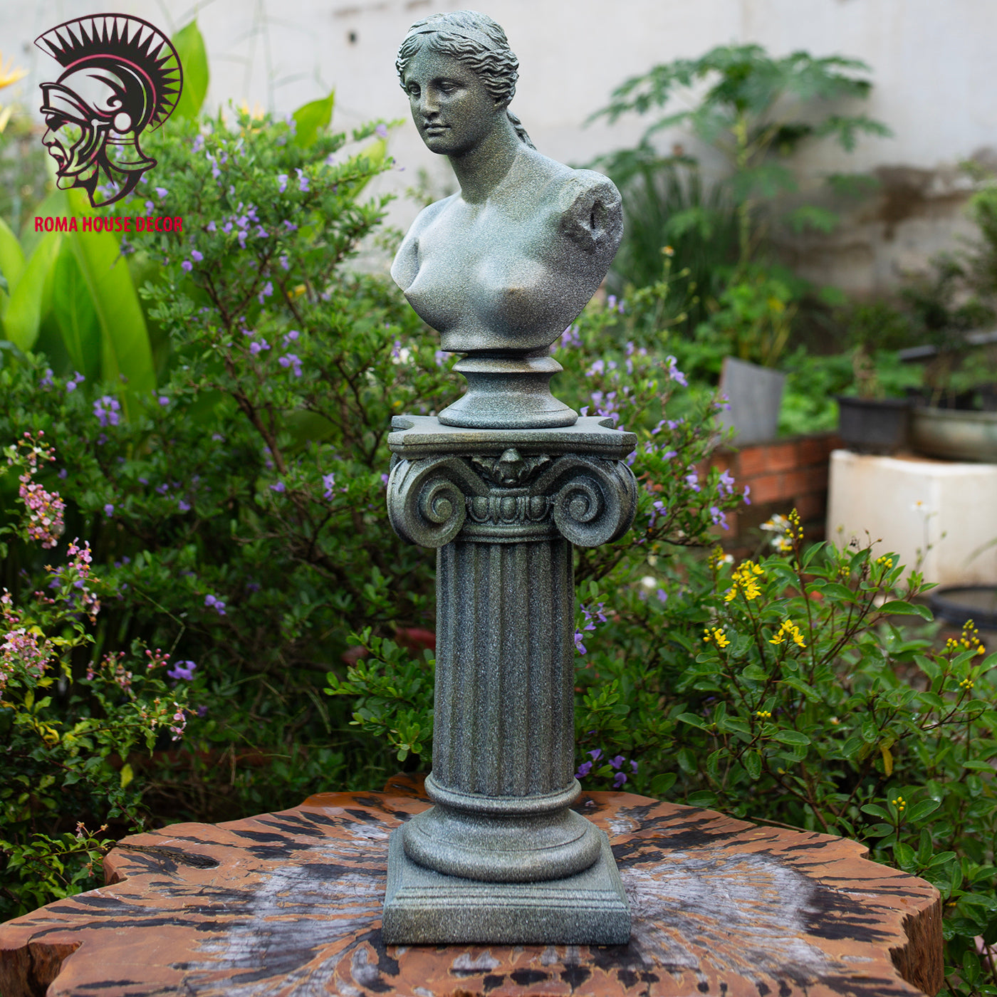 Venus de Milo Bust with Column Pedestal – Greek Goddess Sculpture Set, Green Stone Finish (11.8" & 13")