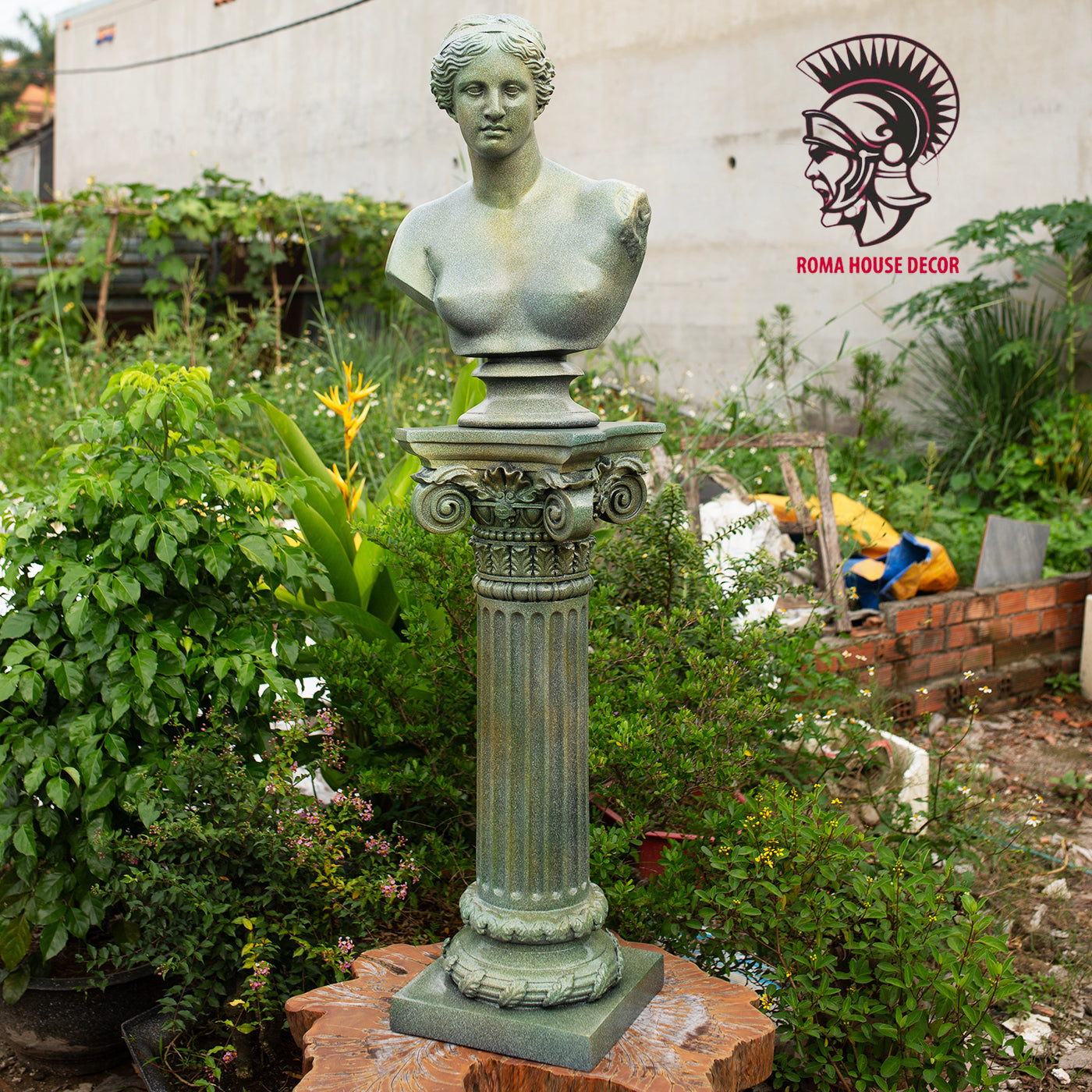 Venus de Milo Bust with Corinthian Column – Greek Goddess Sculpture Set, Green Stone Finish (20.8" & 30.7")