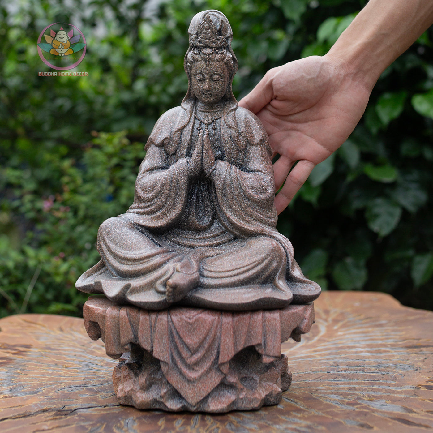 Guanyin Bodhisattva Statue 13" – Antique Stone Finish Kwan Yin with Praying Hands