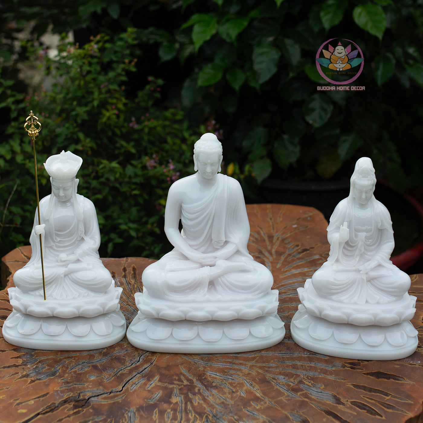 White Resin Buddha Statue Set – 30cm Guanyin & Ksitigarbha, 32cm Shakyamuni Buddha on Lotus Base