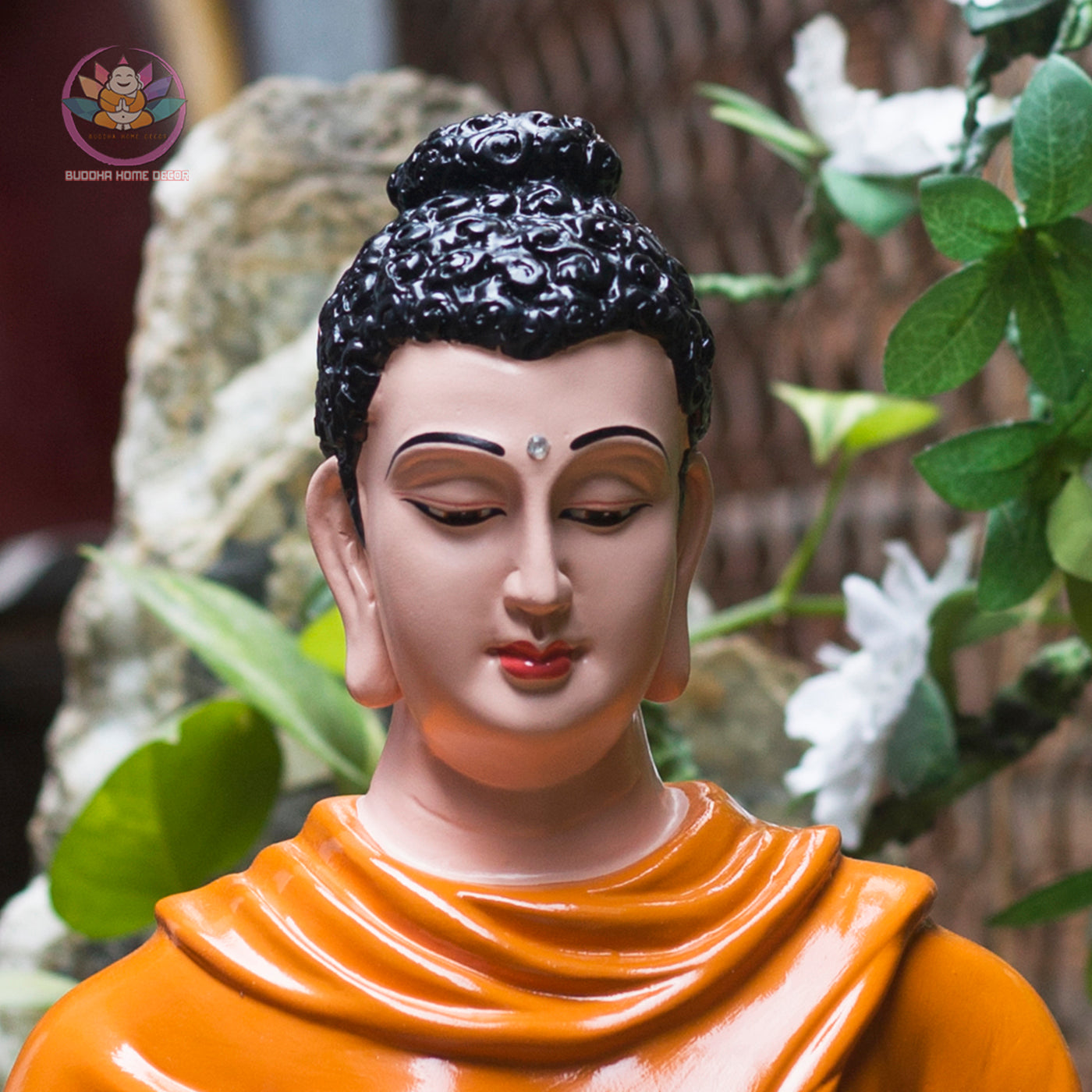 Brown Robe Buddha Statue – 18.1 inches Shakyamuni in Meditation | Glossy Ceramic-Look Finish | Handcrafted Resin | Vietnamese Buddhist Decor