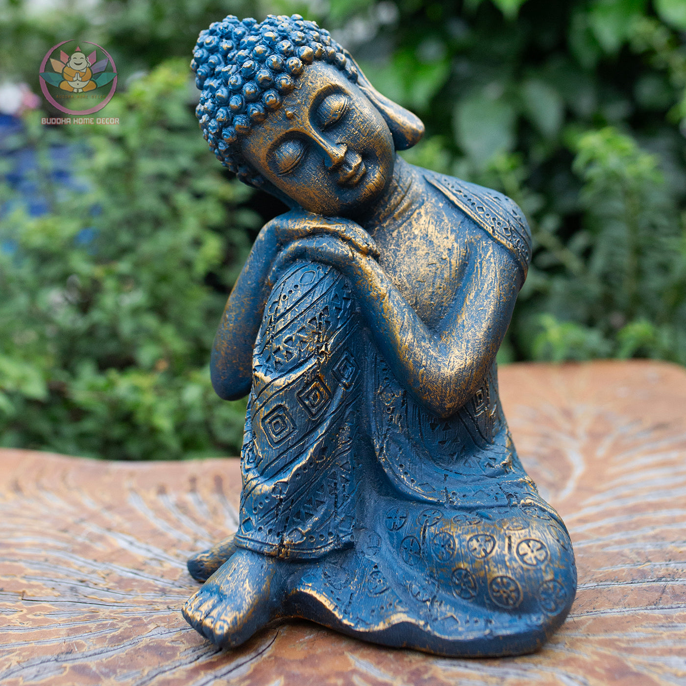Resting Buddha Statue 9.4" – Blue Gold Finish Peaceful Sleeping Buddha Sculpture