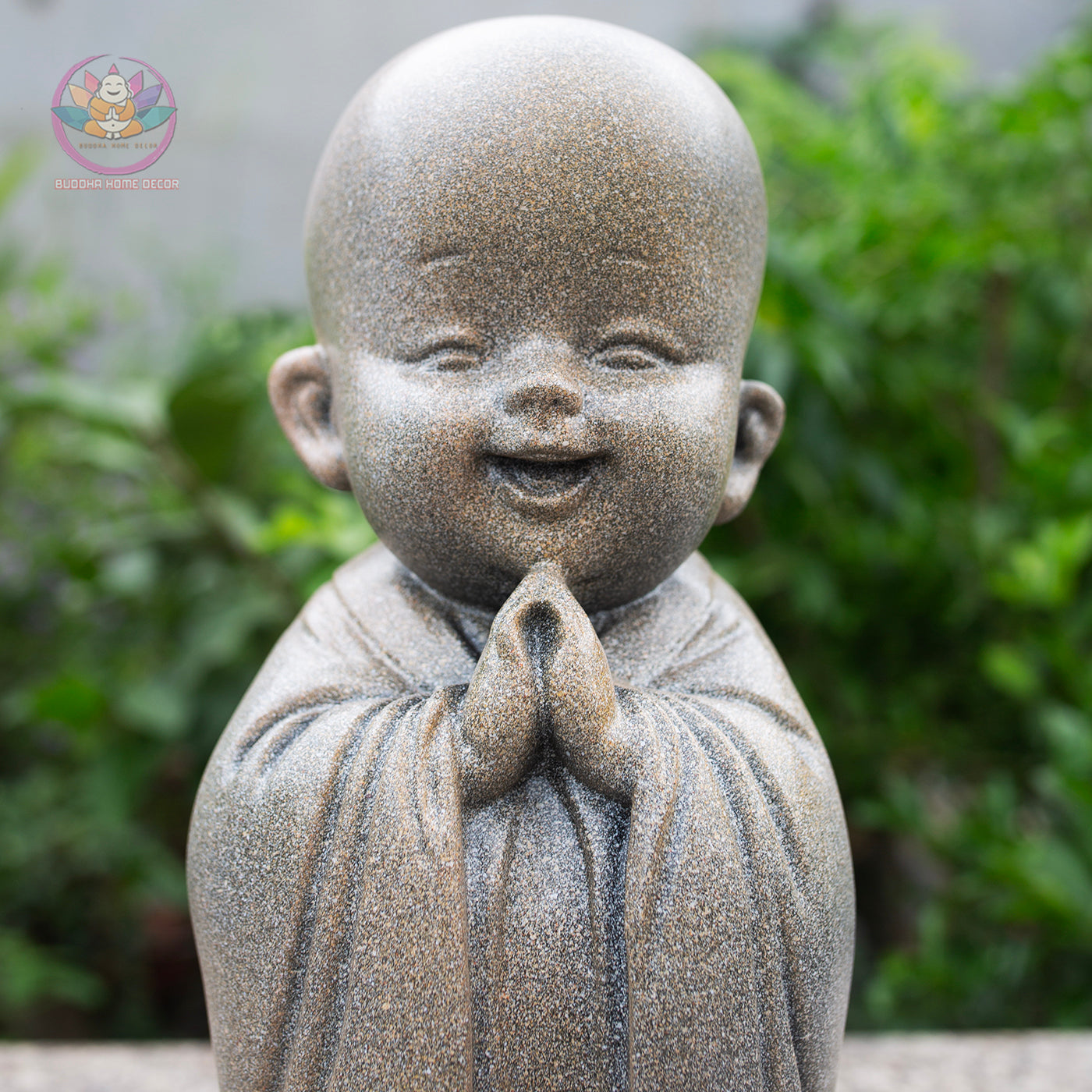 Happy Little Monk Statue Set 15.7" | Composite Resin and Stone Powder | Antique Stone Finish | Zen Monk Figurines for Home and Garden Decor