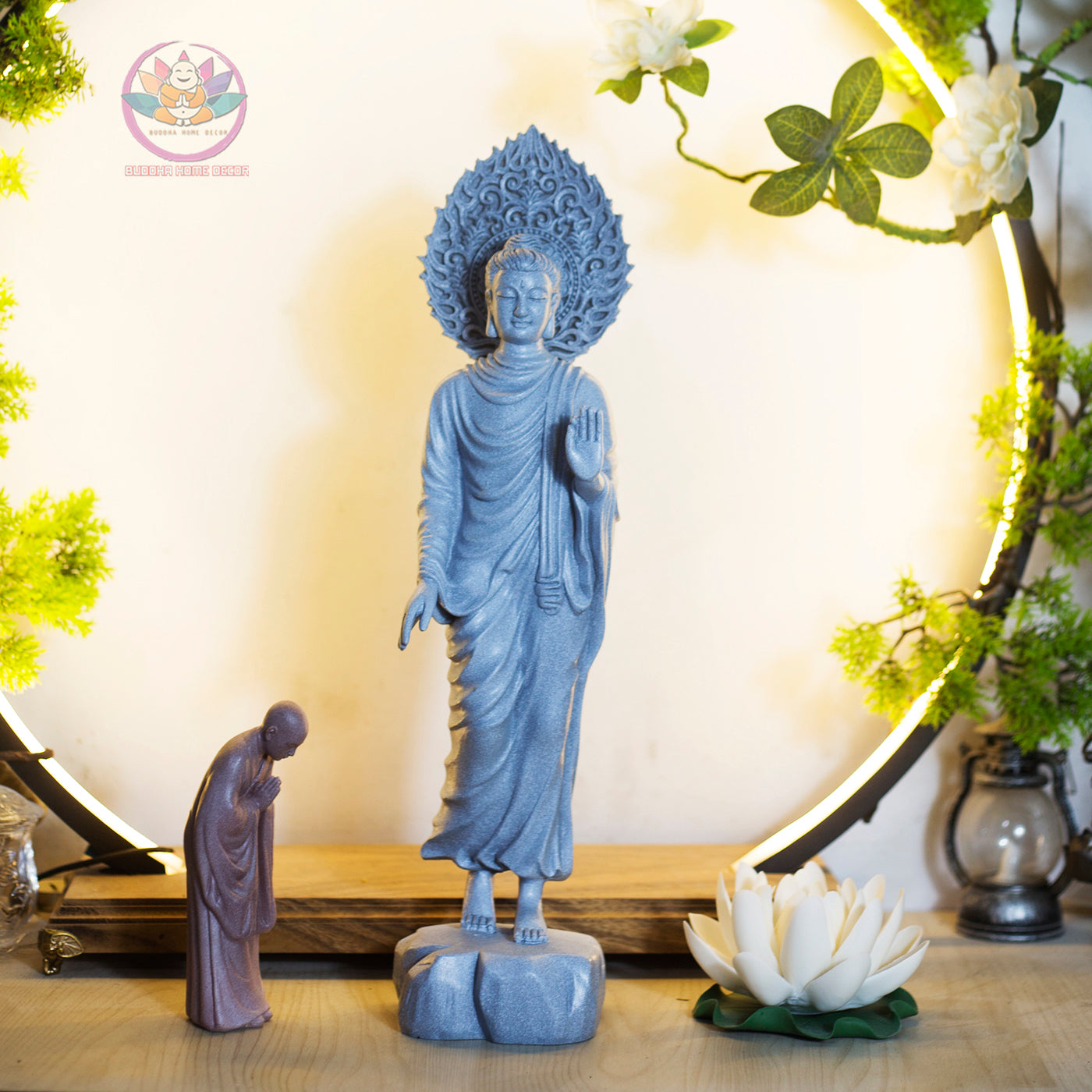 Shakyamuni Buddha Blessing Statue with Halo – 43cm Resin Stone Sculpture | Standing Buddha Figurine