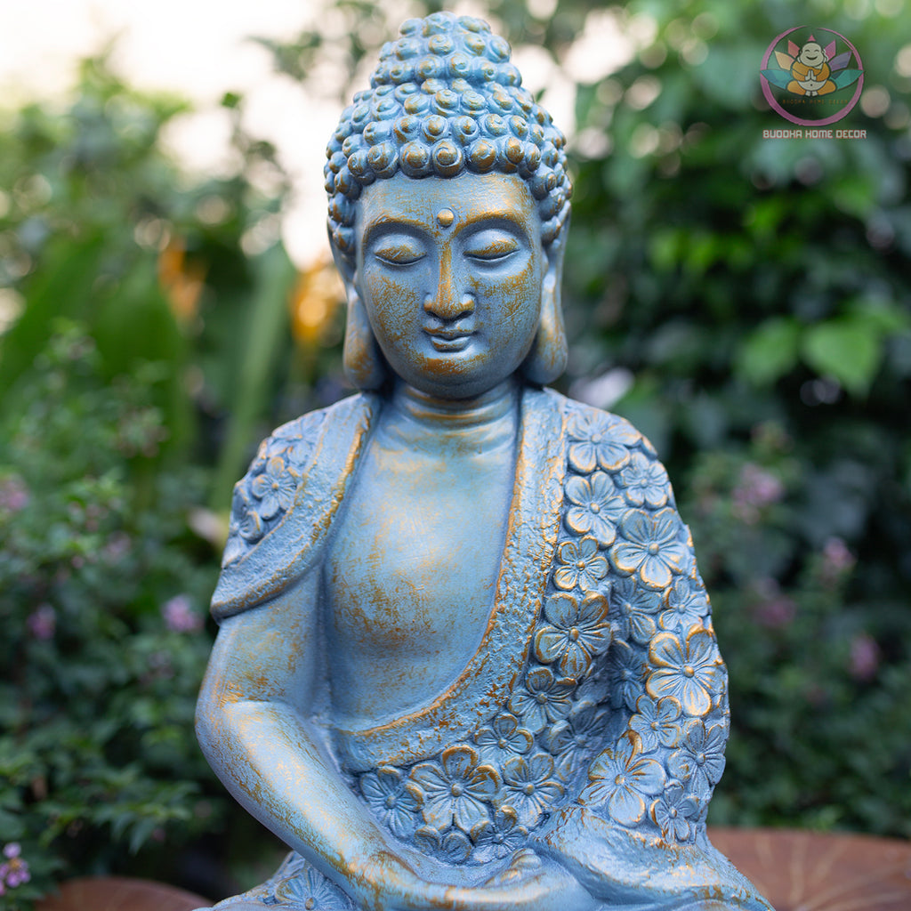 Shakyamuni Buddha Statue – Blue Floral Meditation Sculpture – Zen Home Decor, Buddhist Altar Ornament, Mindfulness Spiritual Gift