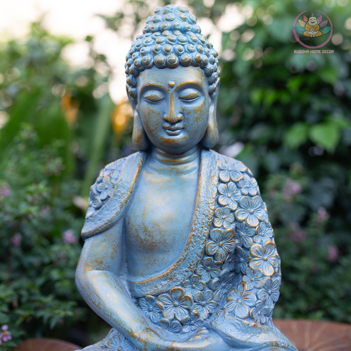 Shakyamuni Buddha Statue – Blue Floral Meditation Sculpture – Zen Home Decor, Buddhist Altar Ornament, Mindfulness Spiritual Gift