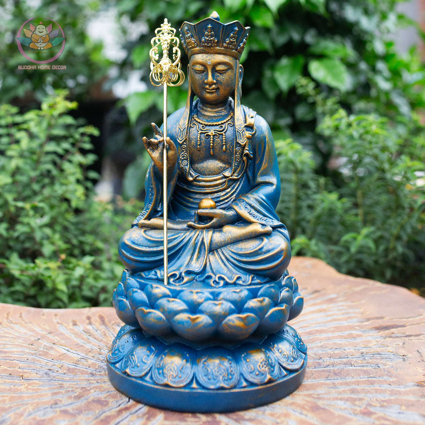Ksitigarbha Bodhisattva Statue 11.8" – Blue Gold Finish Jizo on Lotus Pedestal