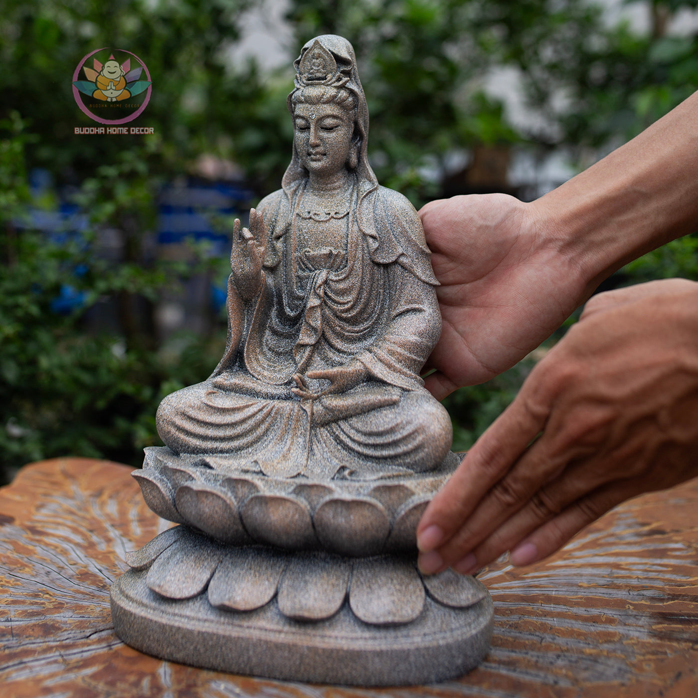 Buddha Trio Statue Set – Shakyamuni (32 cm), Ksitigarbha & Guanyin (30 cm) – Antique Stone Finish