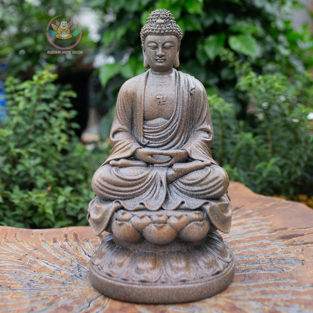 Amitabha Buddha Statue 11.8" – Antique Stone Finish Seated Amida Buddha on Lotus Pedestal