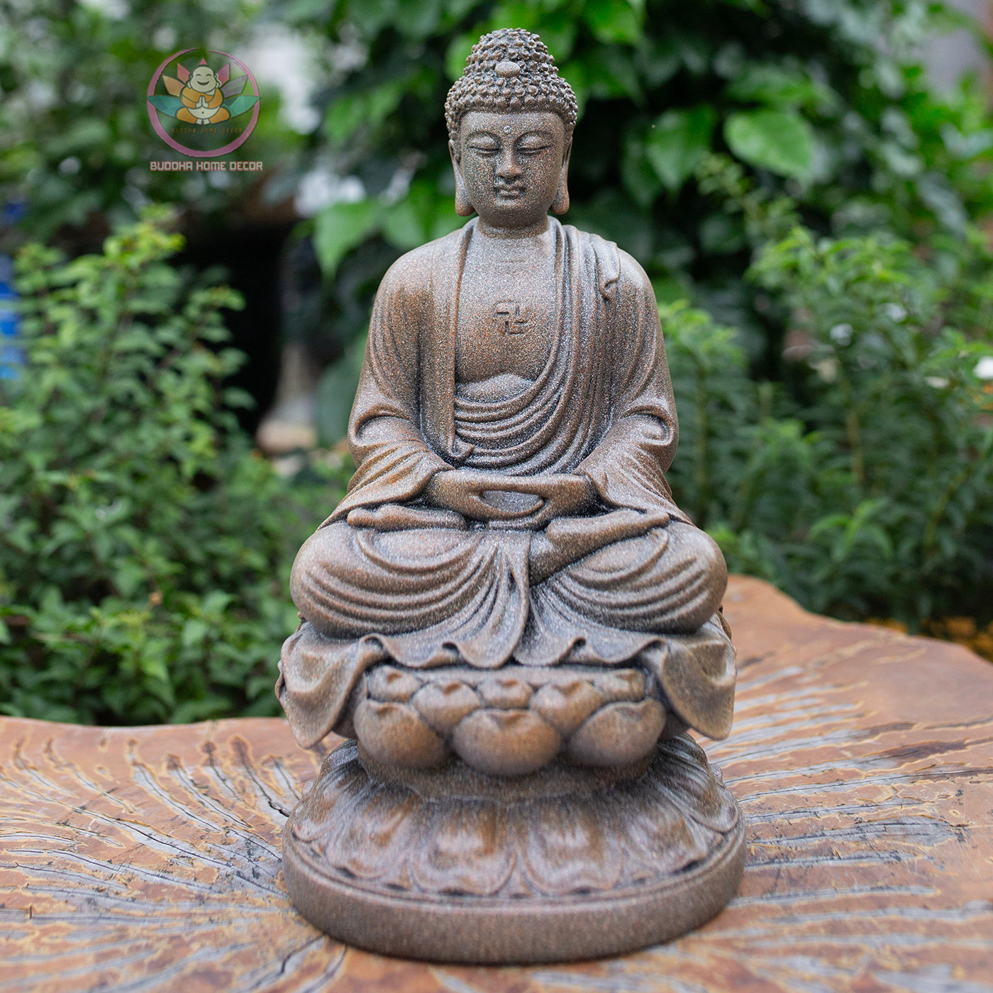 Amitabha Buddha Statue 11.8" – Antique Stone Finish Seated Amida Buddha on Lotus Pedestal