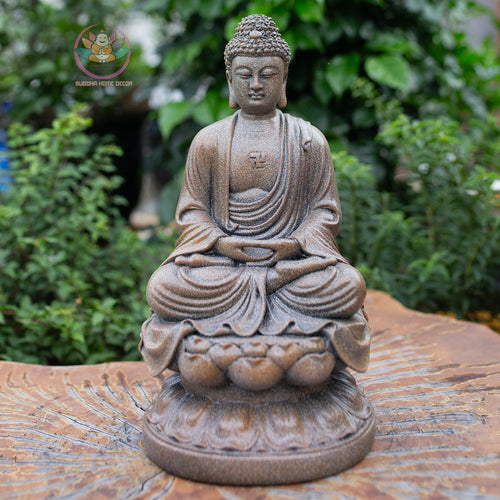 Amitabha Buddha Statue 11.8" – Antique Stone Finish Seated Amida Buddha on Lotus Pedestal