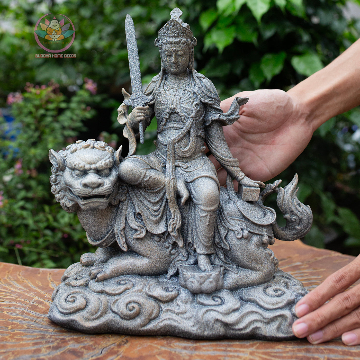 Manjushri and Samantabhadra Bodhisattva Statues 11.8" – Composite Stone Finish Buddhist Deities on Lion and Elephant