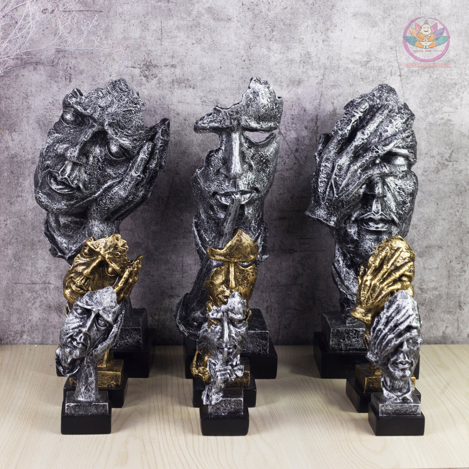 3 Wise Faces Sculpture Set – Hear No Evil, Speak No Evil, See No Evil – Modern Abstract Resin Statue Home Office Shelf Decor