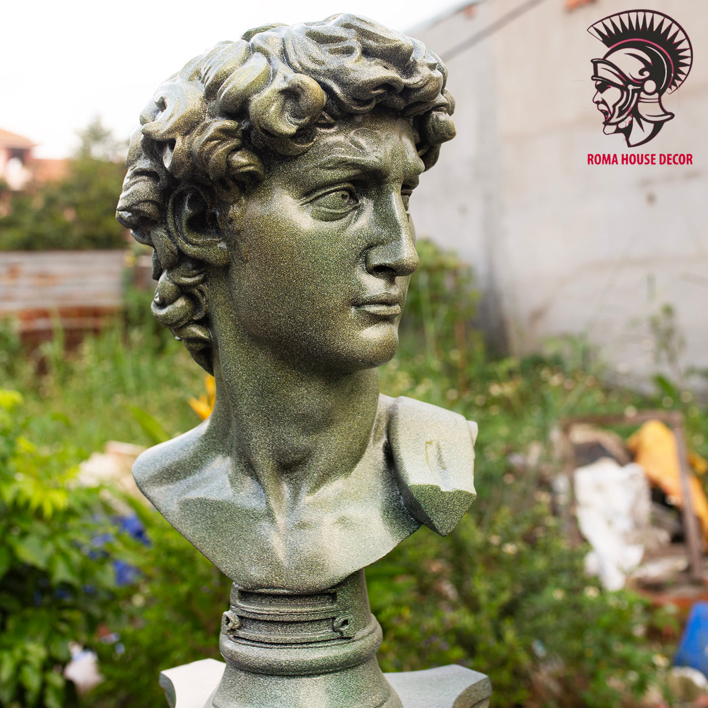 Greek David Bust with Corinthian Column – Classic Roman Style Decor Set, Green Stone Finish (21.6" & 30.7")