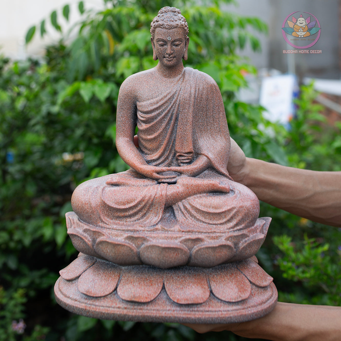 Shakyamuni Buddha Statue 12.6" – Antique Stone Finish Seated Buddha on Lotus Pedestal