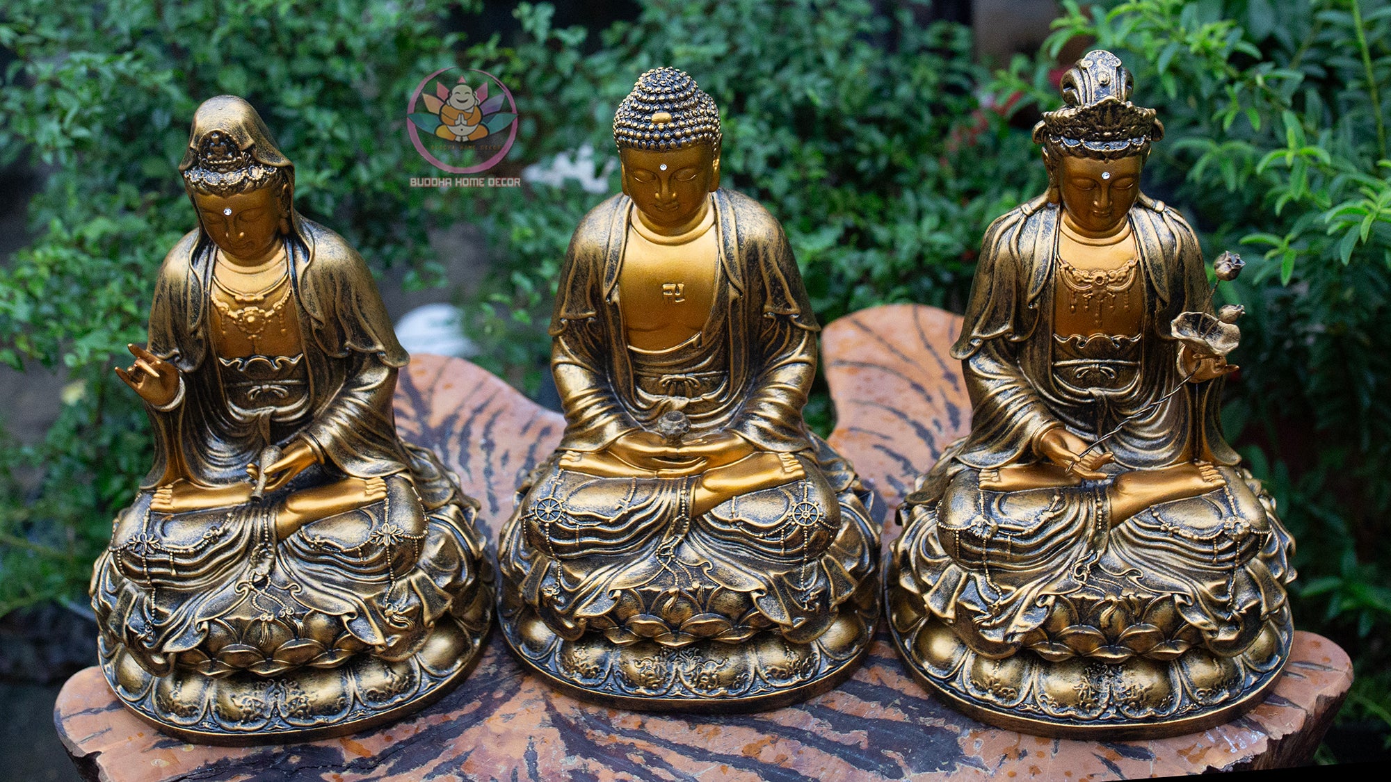 Amitabha Buddha & Bodhisattvas Statue Set – 11.8" Golden Finish Resin Figures (Guanyin, Amitabha, Mahasthamaprapta)