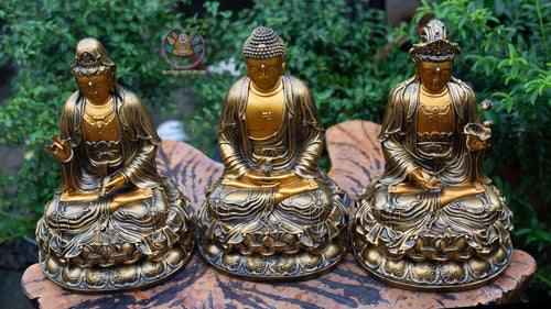 Amitabha Buddha & Bodhisattvas Statue Set – 11.8" Golden Finish Resin Figures (Guanyin, Amitabha, Mahasthamaprapta)
