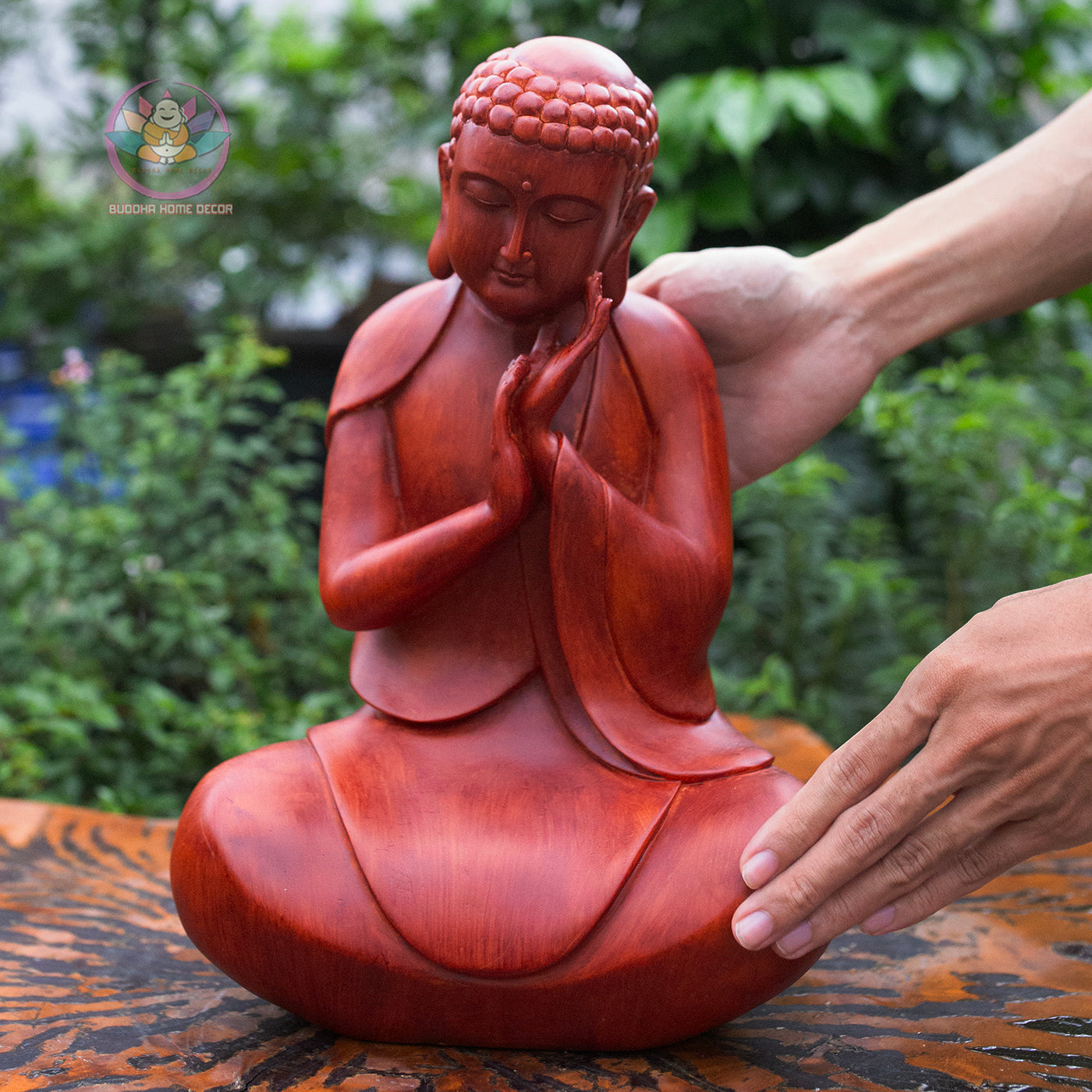 Resting Buddha Statue 13.8" – Red Wood Finish Peaceful Meditating Buddha Sculpture